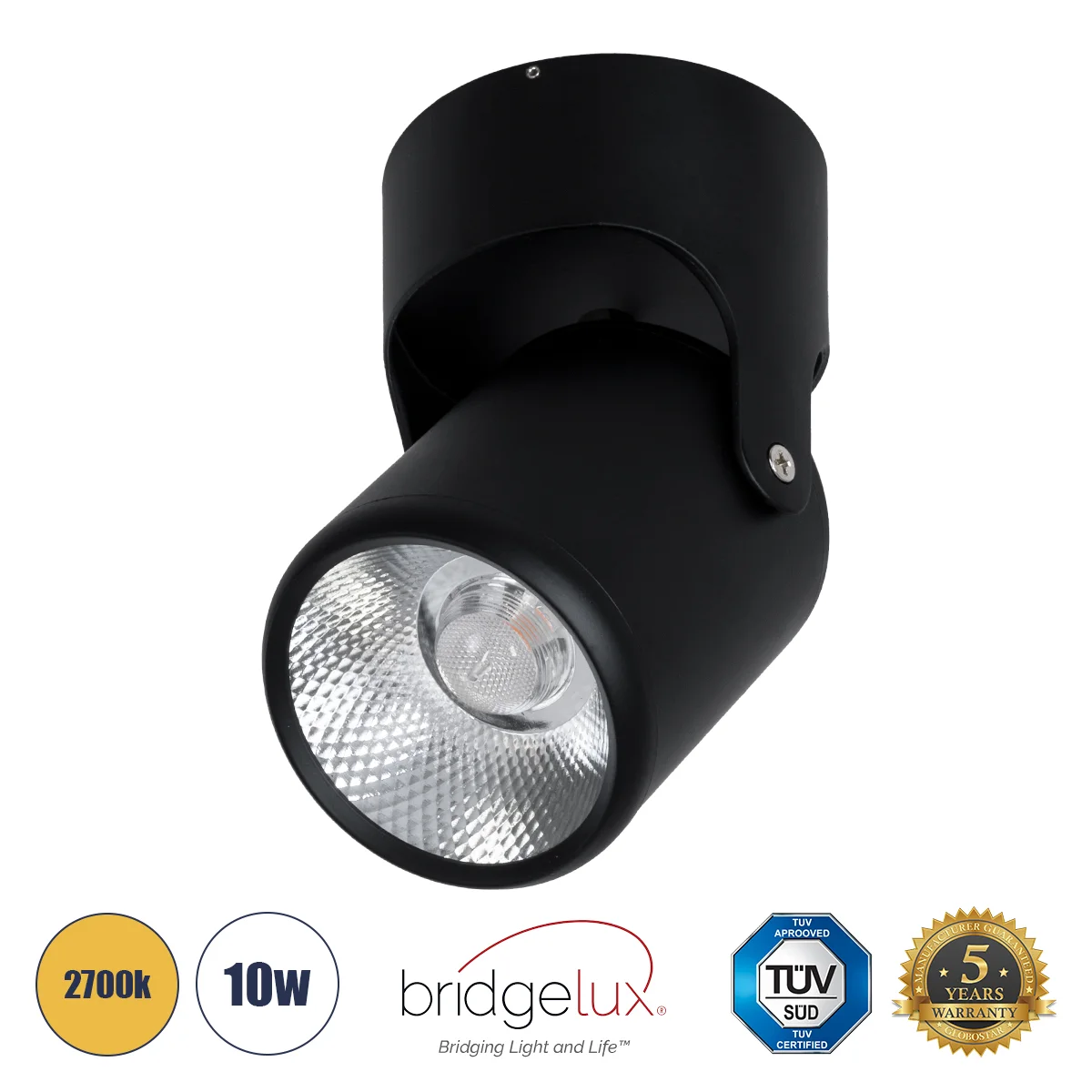 Φωτογραφία προϊόντος: GLOBOSTAR® DETRONIC 60505 Κινούμενο Downlight Σποτ LED 10W 1250lm 24° AC 220-240V IP20 Θερμό Λευκό 2700K - Bridgelux COB Chip & TÜV SÜD Driver - Μαύρο Ματ - Μ9 x Π9 x Υ16cm - 5 Χρό