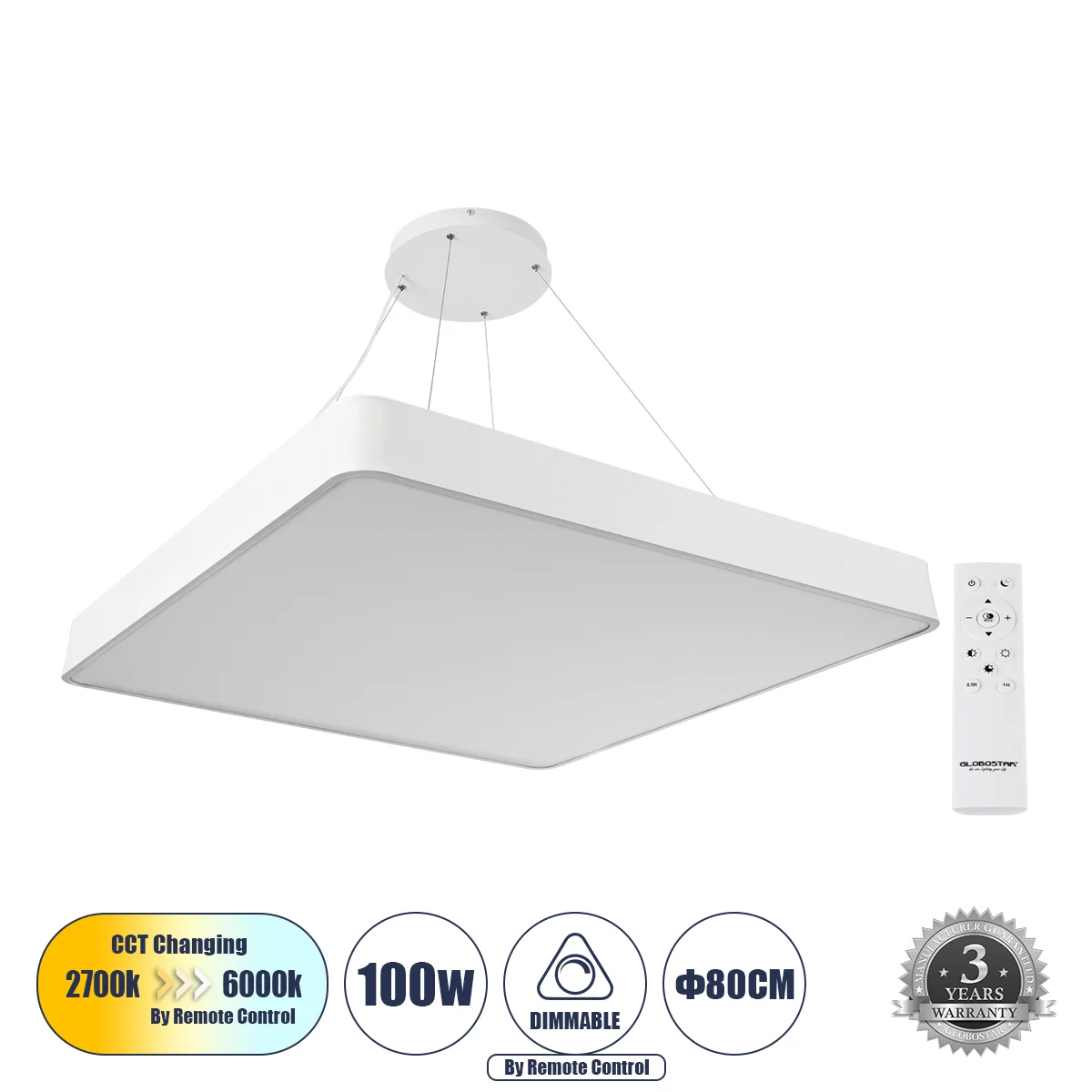 Φωτογραφία προϊόντος: GLOBOSTAR® KAMALA 61211-P Μοντέρνο Κρεμαστό Φωτιστικό Οροφής LED 100W 11020lm 120° AC 220-240V IP20 Ρυθμιζόμενο Λευκό CCT με Χειριστήριο από 2700K έως 6000K Dimmable - Lumileds SMD