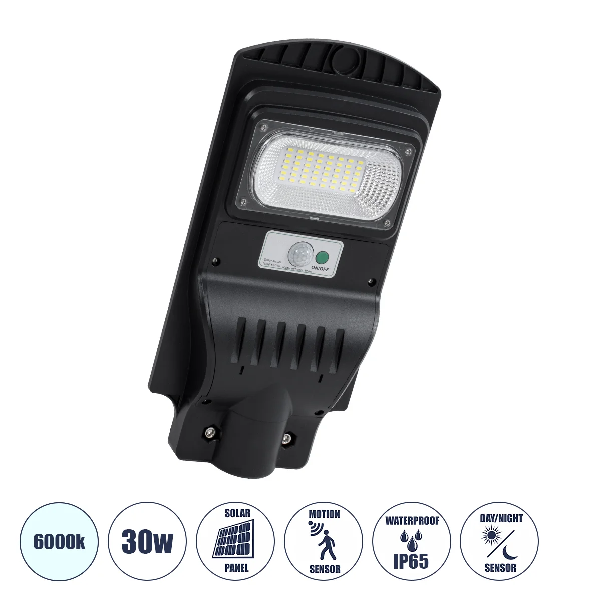 Φωτογραφία προϊόντος: GLOBOSTAR® STREETB 85341 Φωτιστικό Δρόμου LED 30W 1500lm 120° DC 5V με Ενσωματωμένο Φωτοβολταϊκό Panel 6V 6W & Επαναφορτιζόμενη Μπαταρία Li-ion 3.2V 5000mAh με Αισθητήρα Κίνησης-Ημ