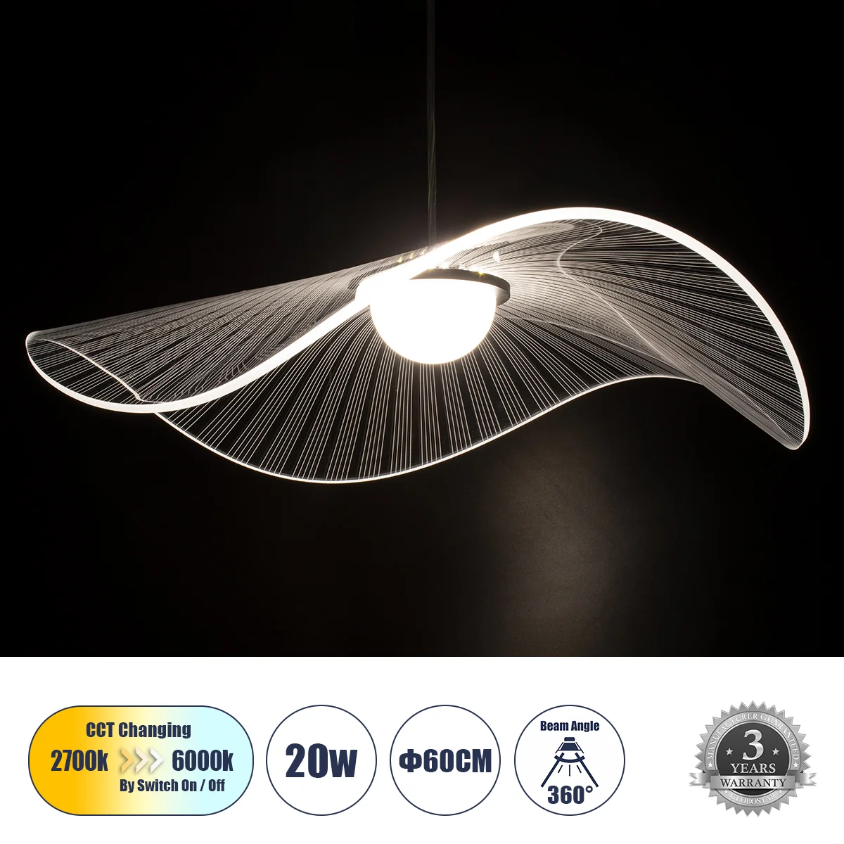 Φωτογραφία προϊόντος: GLOBOSTAR® ACRYLICA 60975 Μοντέρνο Κρεμαστό Φωτιστικό Οροφής LED 20W 2240lm 360° AC 220-240V IP20 Ρυθμιζόμενο Λευκό CCT με On/Off 2700K/4500K/6000K - Lumileds SMD Chip - Διάφανο &