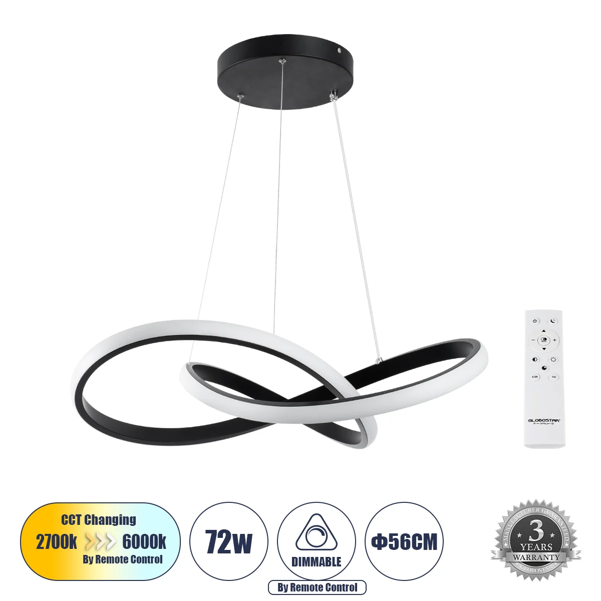 Φωτογραφία προϊόντος: GLOBOSTAR® DEXTER 61049 Μοντέρνο Κρεμαστό Φωτιστικό Οροφής LED 72W 7200lm 300° AC 220-240V IP20 Ρυθμιζόμενο Λευκό CCT με Χειριστήριο από 2700K έως 6000K Dimmable - Lumileds SMD Chi
