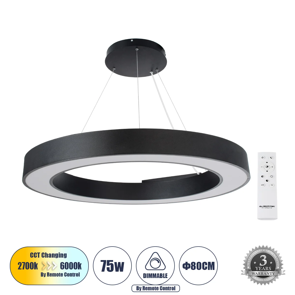 Φωτογραφία προϊόντος: GLOBOSTAR® RA 61196 Μοντέρνο Κρεμαστό Φωτιστικό Οροφής LED 75W 8250lm 120° AC 220-240V IP20 Ρυθμιζόμενο Λευκό CCT με Χειριστήριο από 2700K έως 6000K Dimmable - Lumileds SMD Chip -