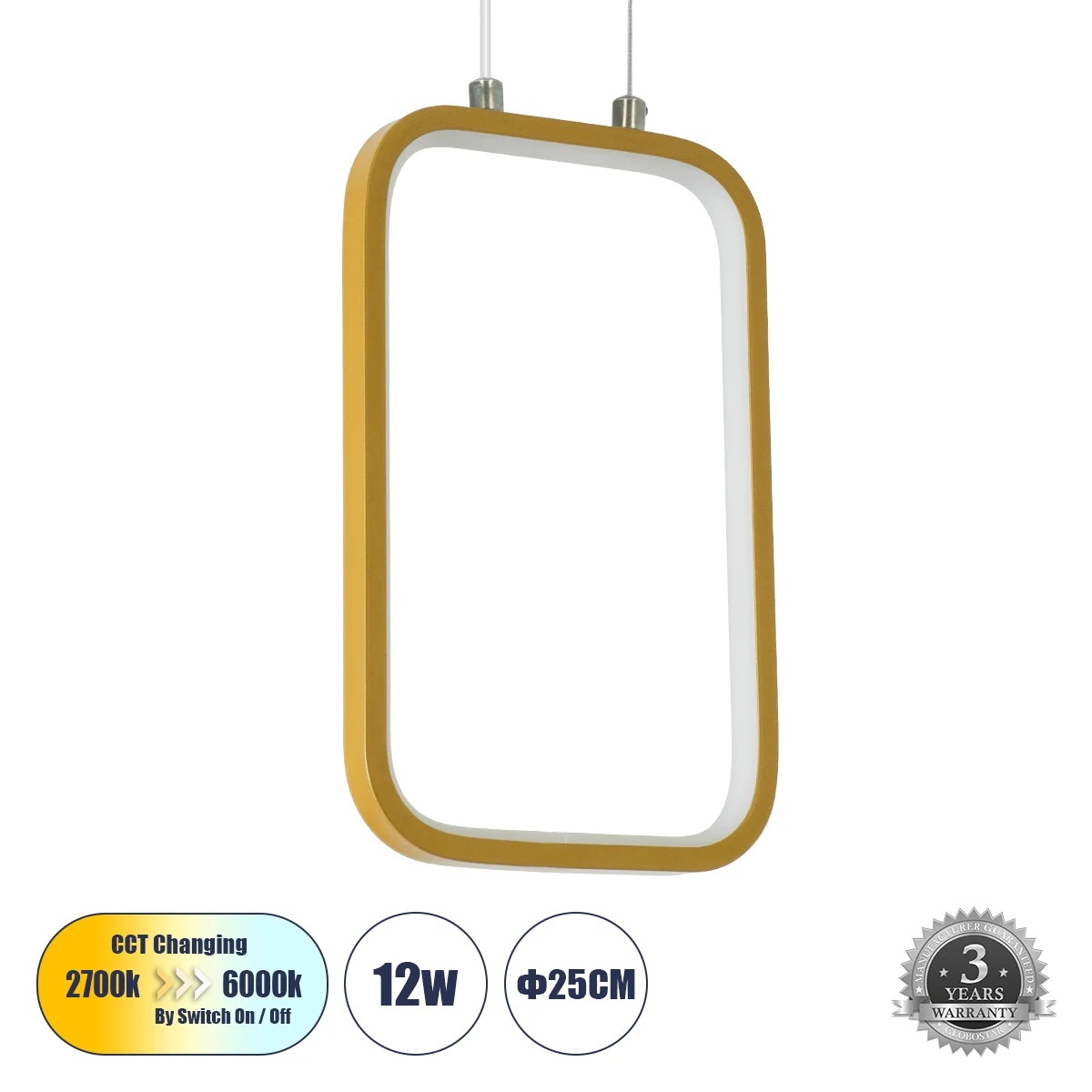 Φωτογραφία προϊόντος: GLOBOSTAR® DEROBA 61301 Μοντέρνο Κρεμαστό Φωτιστικό Οροφής LED 12W 1320lm 360° AC 220-240V IP20 Ρυθμιζόμενο Λευκό CCT με On/Off 2700K/4500K/6000K - Lumileds SMD Chip - Χρυσό Βούρτσ