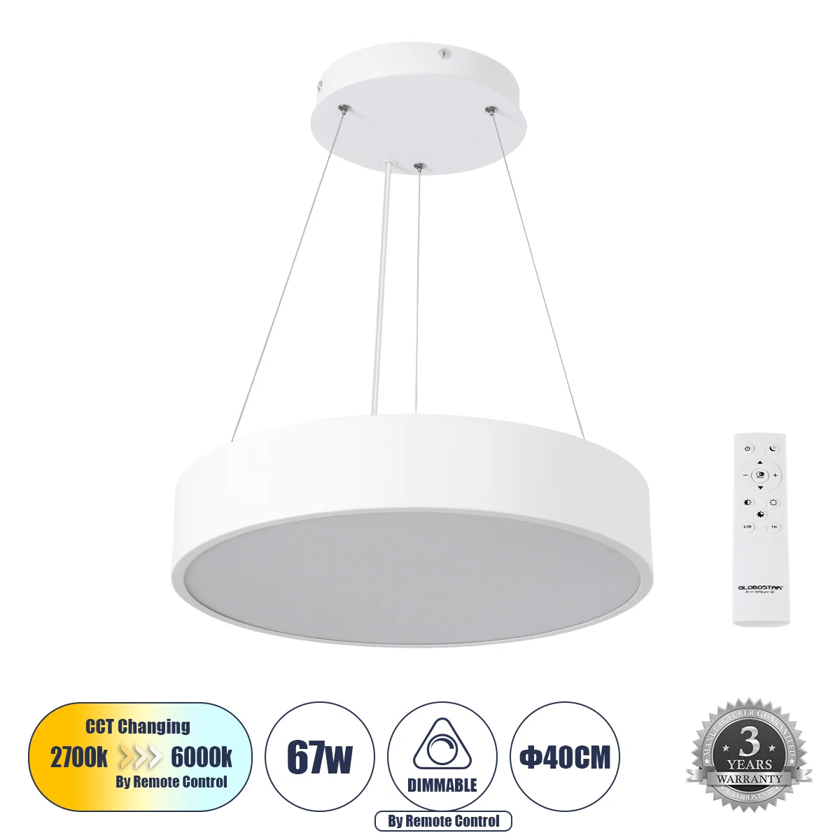 Φωτογραφία προϊόντος: GLOBOSTAR® BURTON 61201 Μοντέρνο Κρεμαστό Φωτιστικό Οροφής LED 67W 7370lm 120° AC 220-240V IP20 Ρυθμιζόμενο Λευκό CCT με Χειριστήριο από 2700K έως 6000K Dimmable - Lumileds SMD Chi