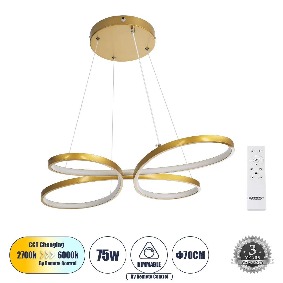Φωτογραφία προϊόντος: GLOBOSTAR® BUTTERFLY 61393 Μοντέρνο Κρεμαστό Φωτιστικό Οροφής LED 75W 7500lm 300° AC 220-240V IP20 Ρυθμιζόμενο Λευκό CCT με Χειριστήριο από 2700K έως 6000K Dimmable - Lumileds SMD