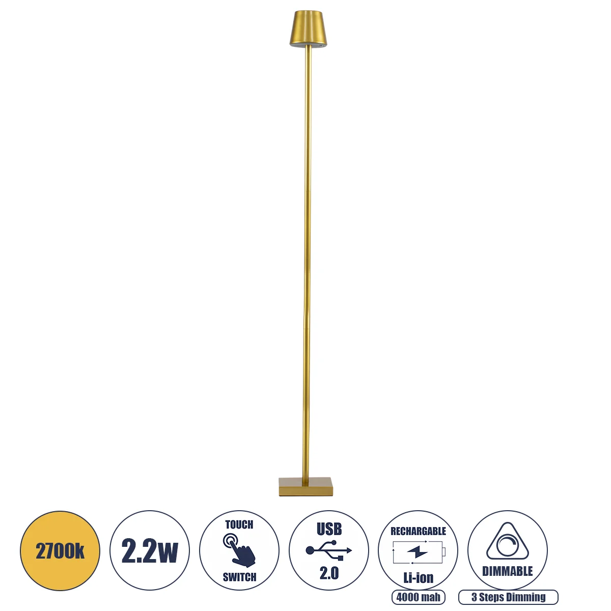 Φωτογραφία προϊόντος: GLOBOSTAR® NEGA 60479 Μοντέρνο Επιδαπέδιο Φωτιστικό LED 2.2W 154lm 360° DC 5V με USB 2.0 με Επαναφορτιζόμενη Μπαταρία Li-ion 3.7V 4000mAh IP44 Θερμό Λευκό 2700K με Αφή Dimmable - L