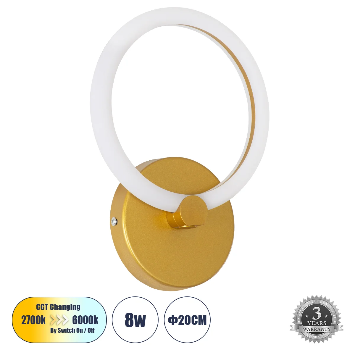 Φωτογραφία προϊόντος: GLOBOSTAR® MATILDA 61340 Μοντέρνο Φωτιστικό Τοίχου - Απλίκα LED 8W 960lm 360° AC 220-240V IP20 Ρυθμιζόμενο Λευκό CCT με On/Off 2700K/4500K/6000K - Lumileds SMD Chip - Χρυσό - Μ20 x