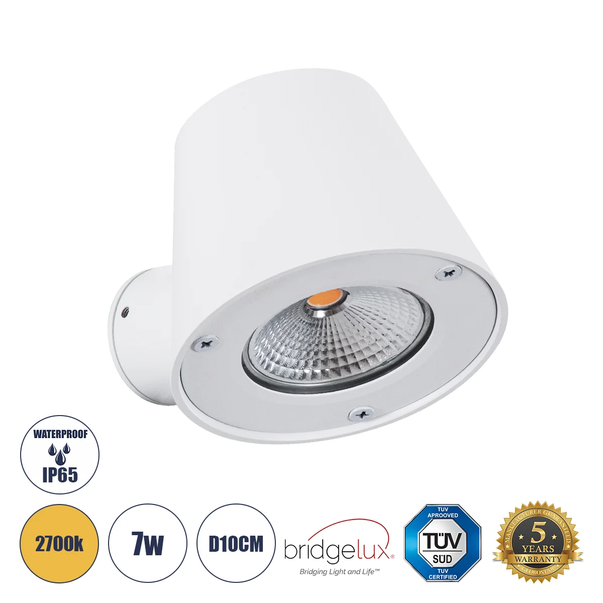 Φωτογραφία προϊόντος: GLOBOSTAR® GARDENIA 60797 Μοντέρνο Φωτιστικό Τοίχου - Απλίκα LED 7W 700lm 60° AC 220-240V Αδιάβροχο IP65 Θερμό Λευκό 2700K - Bridgelux COB Chip & TÜV SÜD Driver - Λευκό Ματ - Μ9.5