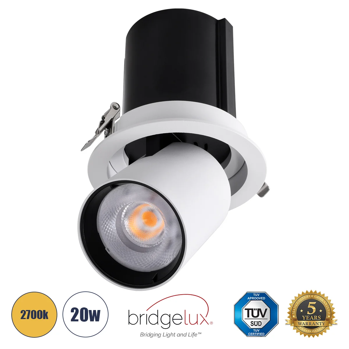 Φωτογραφία προϊόντος: GLOBOSTAR® VIRGO-B 60311 Χωνευτό Κινούμενο Downlight Σποτ LED 20W 2500lm 36° AC 220-240V IP20 Θερμό Λευκό 2700K - Bridgelux COB Chip & TÜV SÜD Driver - Λευκό & Μαύρο Ματ - Μ13.5 x