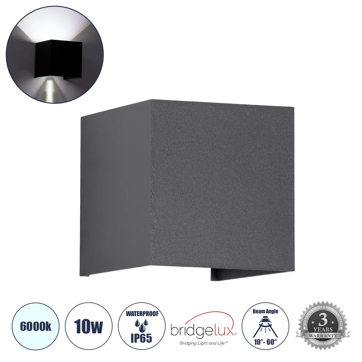Φωτογραφία προϊόντος: GLOBOSTAR® AXIS-S 60567 Μοντέρνο Φωτιστικό Τοίχου - Απλίκα LED 10W 1250lm 5°/60° AC 220-240V Αδιάβροχο IP65 Ψυχρό Λευκό 6000K - Bridgelux COB Chip & TÜV SÜD Driver - Γκρι Ανθρακί Μ