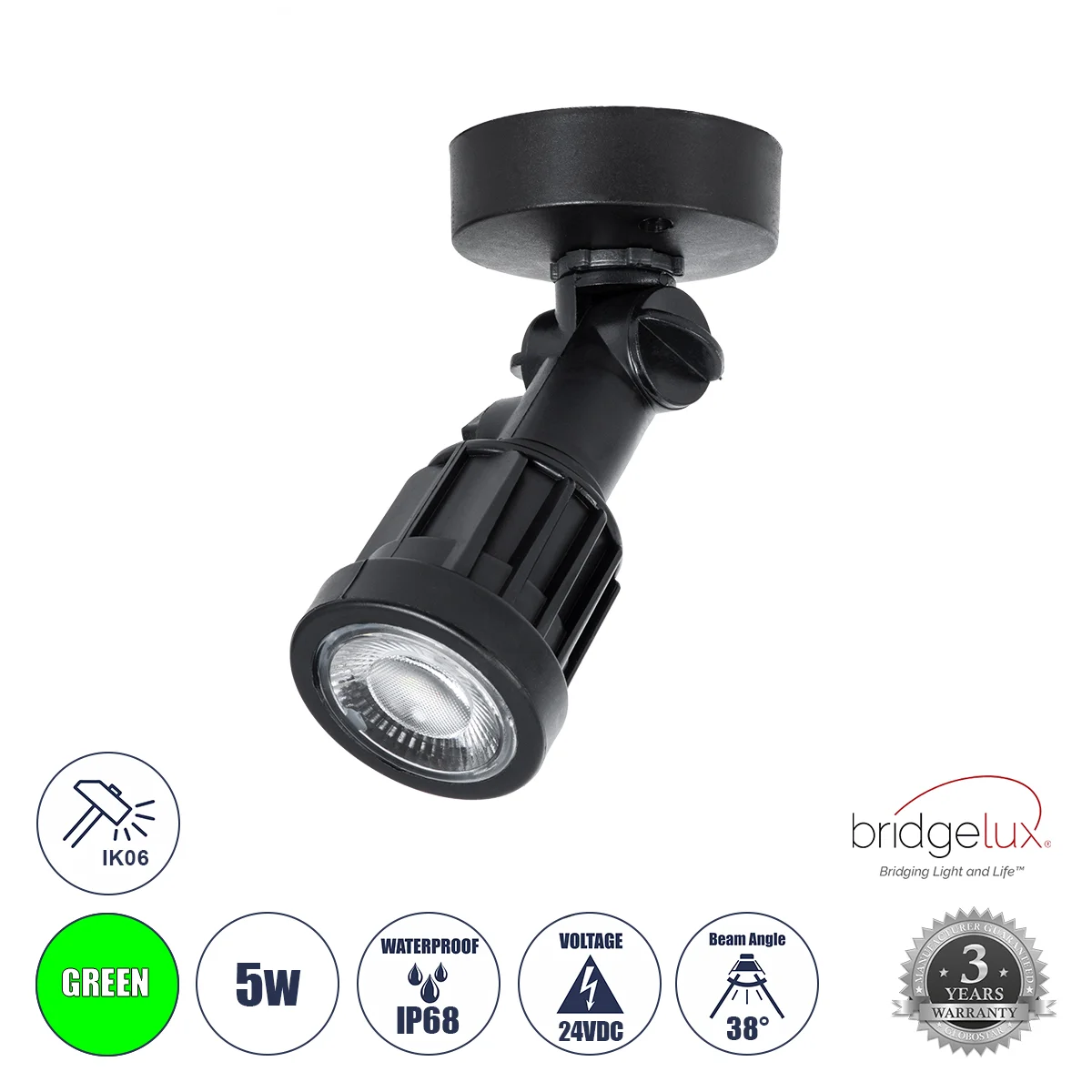 Φωτογραφία προϊόντος: GLOBOSTAR® GARDENINI 61547 Φωτιστικό Σποτ LED 5W 550lm 38° DC 24V Αδιάβροχο IP68 Πράσινο Dimmable - Lumileds SMD Chip - Μαύρο - Μ7 x Π7 x Υ14.5cm - 3 Χρόνια Εγγύηση
