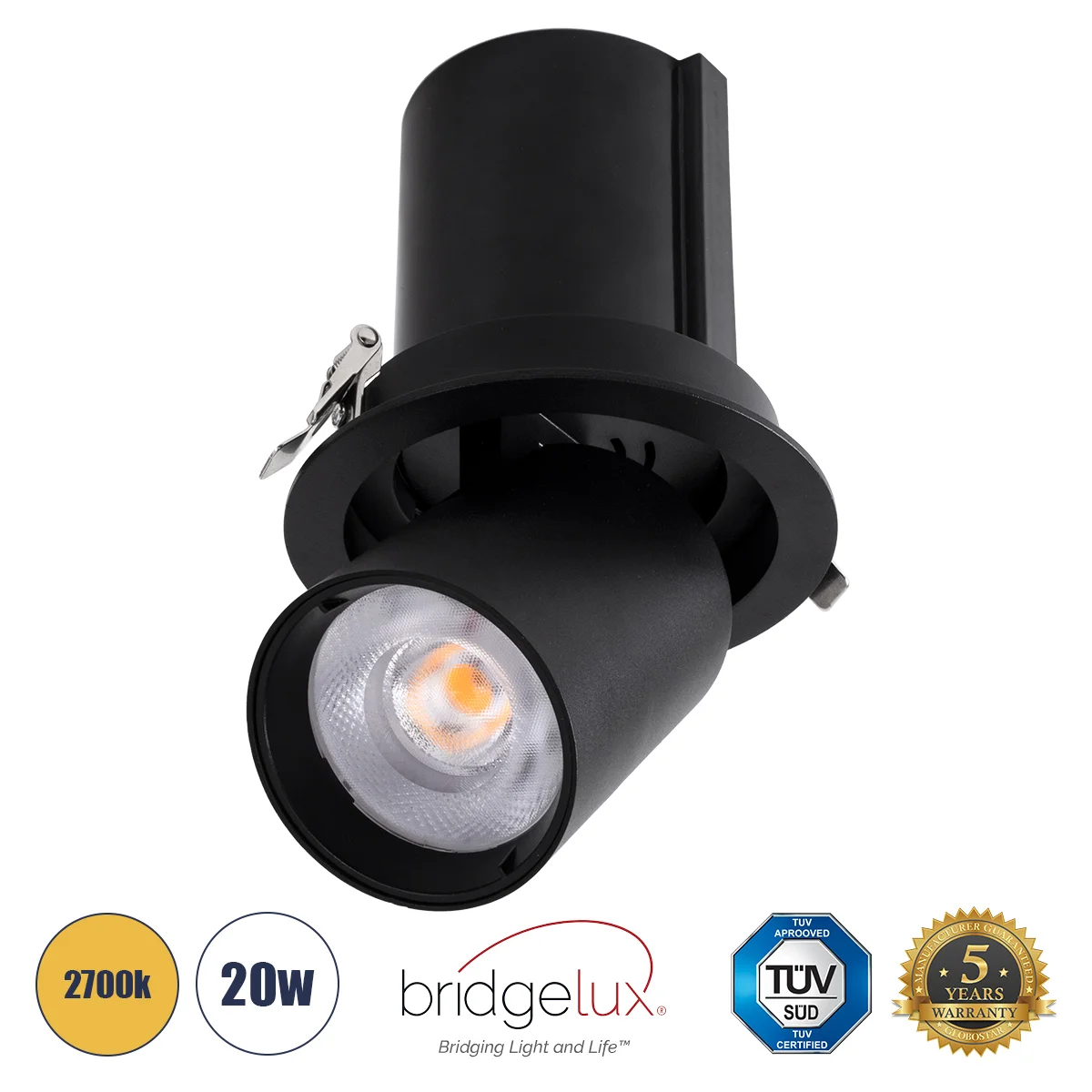 Φωτογραφία προϊόντος: GLOBOSTAR® VIRGO-B 60313 Χωνευτό Κινούμενο Downlight Σποτ LED 20W 2500lm 36° AC 220-240V IP20 Θερμό Λευκό 2700K - Bridgelux COB Chip & TÜV SÜD Driver - Μαύρο Ματ - Μ13.5 x Π13.5 x