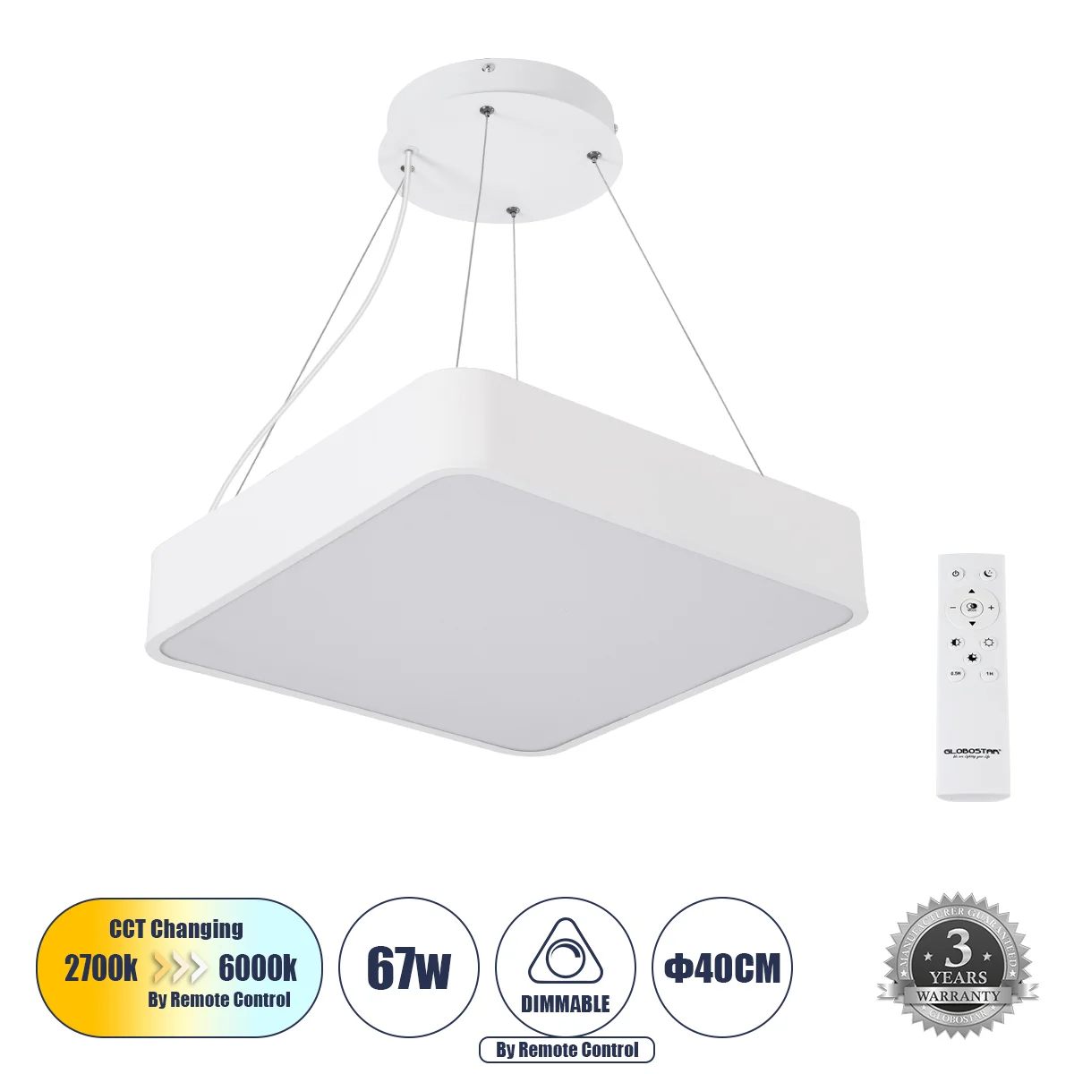 Φωτογραφία προϊόντος: GLOBOSTAR® KAMALA 61207 Μοντέρνο Κρεμαστό Φωτιστικό Οροφής LED 67W 7370lm 120° AC 220-240V IP20 Ρυθμιζόμενο Λευκό CCT με Χειριστήριο από 2700K έως 6000K Dimmable - Lumileds SMD Chi