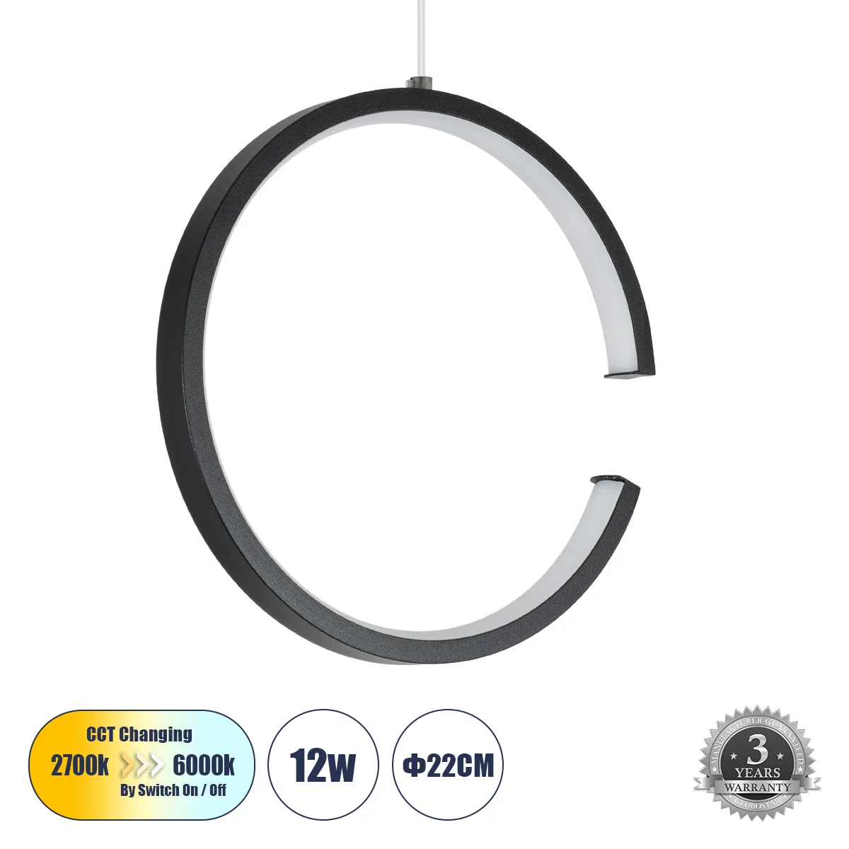 Φωτογραφία προϊόντος: GLOBOSTAR® CEROBA 61306 Μοντέρνο Κρεμαστό Φωτιστικό Οροφής LED 12W 1320lm 360° AC 220-240V IP20 Ρυθμιζόμενο Λευκό CCT με On/Off 2700K/4500K/6000K - Lumileds SMD Chip - Μαύρο Ματ -