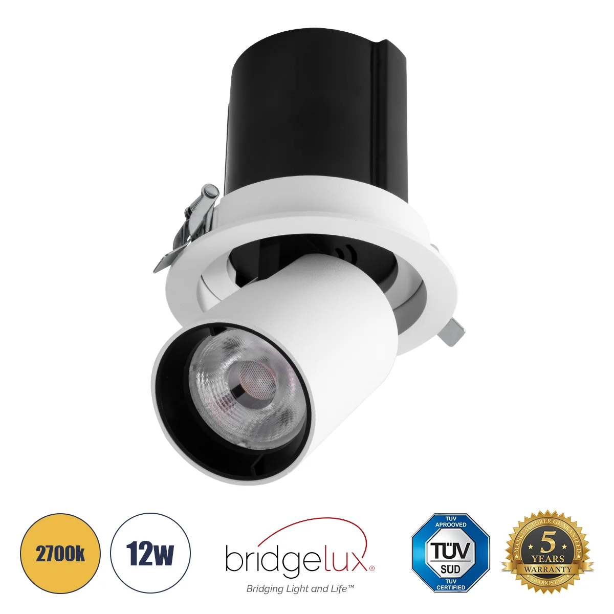 Φωτογραφία προϊόντος: GLOBOSTAR® VIRGO-M 60307 Χωνευτό Κινούμενο Downlight Σποτ LED 12W 1500lm 36° AC 220-240V IP20 Θερμό Λευκό 2700K - Bridgelux COB Chip & TÜV SÜD Driver - Λευκό & Μαύρο Ματ - Μ11 x Π1