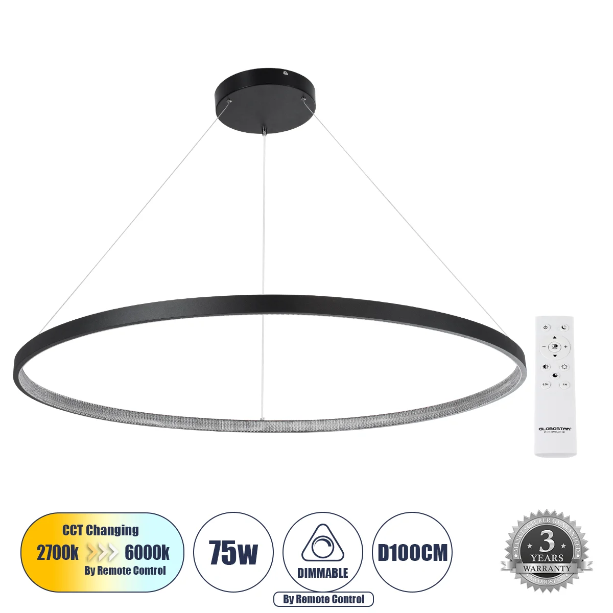 Φωτογραφία προϊόντος: GLOBOSTAR® DIAMOND 61519 Μοντέρνο Κρεμαστό Φωτιστικό Οροφής LED 75W 8400lm 360° AC 220-240V IP20 Ρυθμιζόμενο Λευκό CCT με Χειριστήριο από 2700K έως 6000K Dimmable - Lumileds SMD Ch