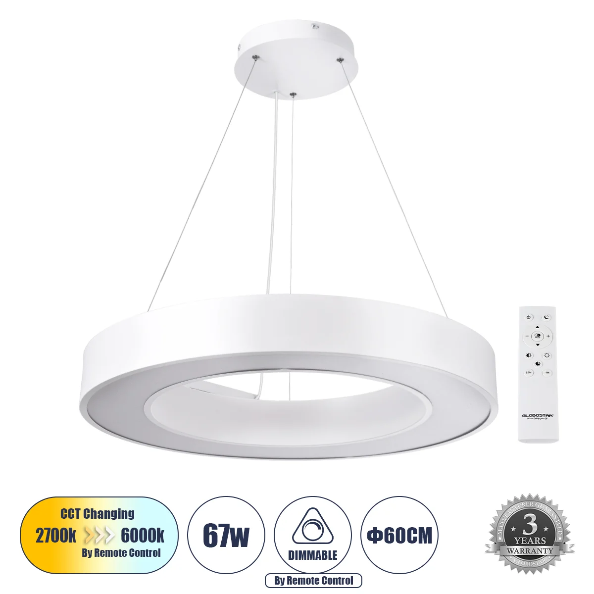 Φωτογραφία προϊόντος: GLOBOSTAR® RA 61195 Μοντέρνο Κρεμαστό Φωτιστικό Οροφής LED 67W 7370lm 120° AC 220-240V IP20 Ρυθμιζόμενο Λευκό CCT με Χειριστήριο από 2700K έως 6000K Dimmable - Lumileds SMD Chip -