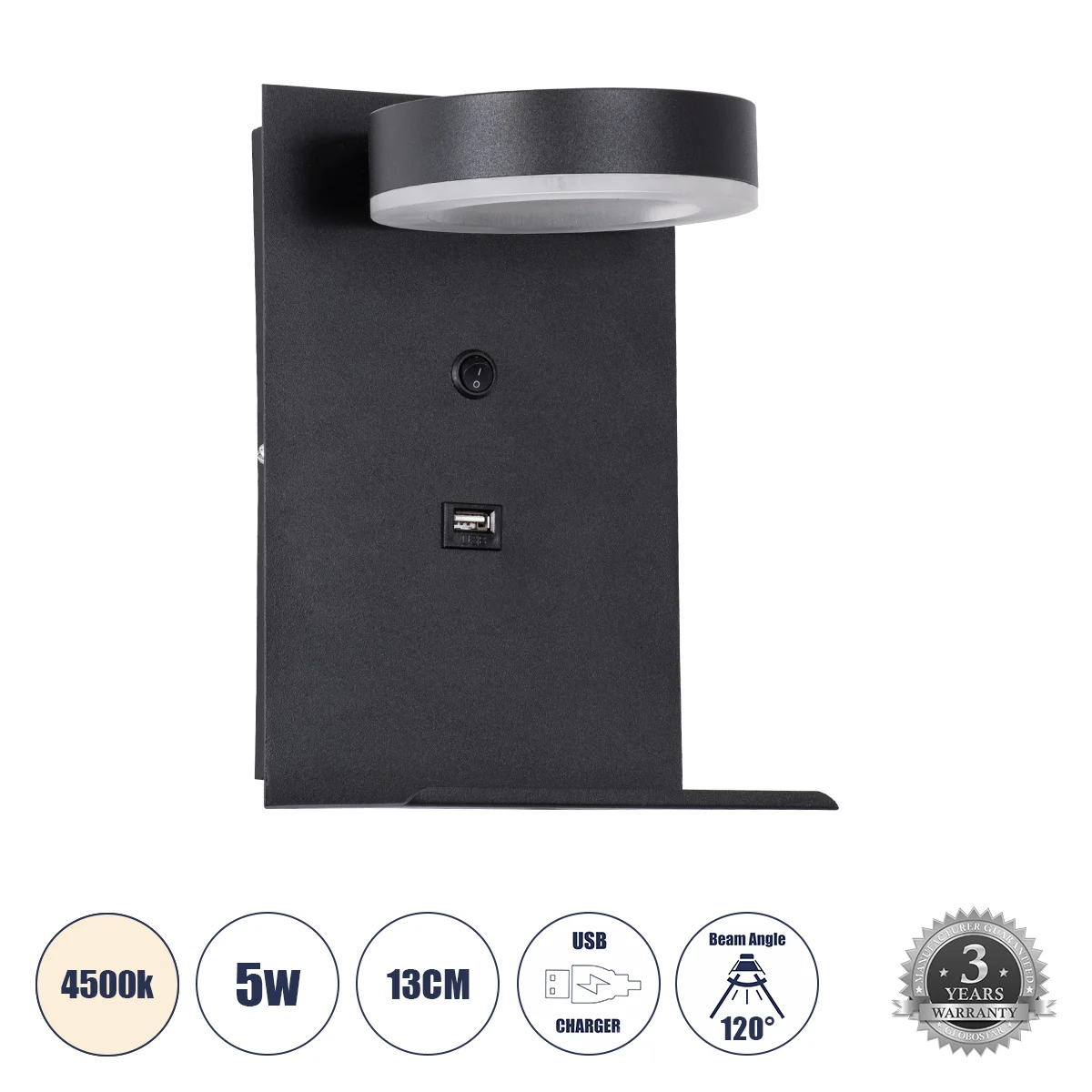 Φωτογραφία προϊόντος: GLOBOSTAR® CROWN 61370 Μοντέρνο Φωτιστικό Τοίχου - Απλίκα Ξενοδοχείου Reading Light με Φορτιστή USB 3A LED 5W 550lm 120° AC 220-240V IP20 Φυσικό Λευκό 4500K - Bridgelux COB Chip &