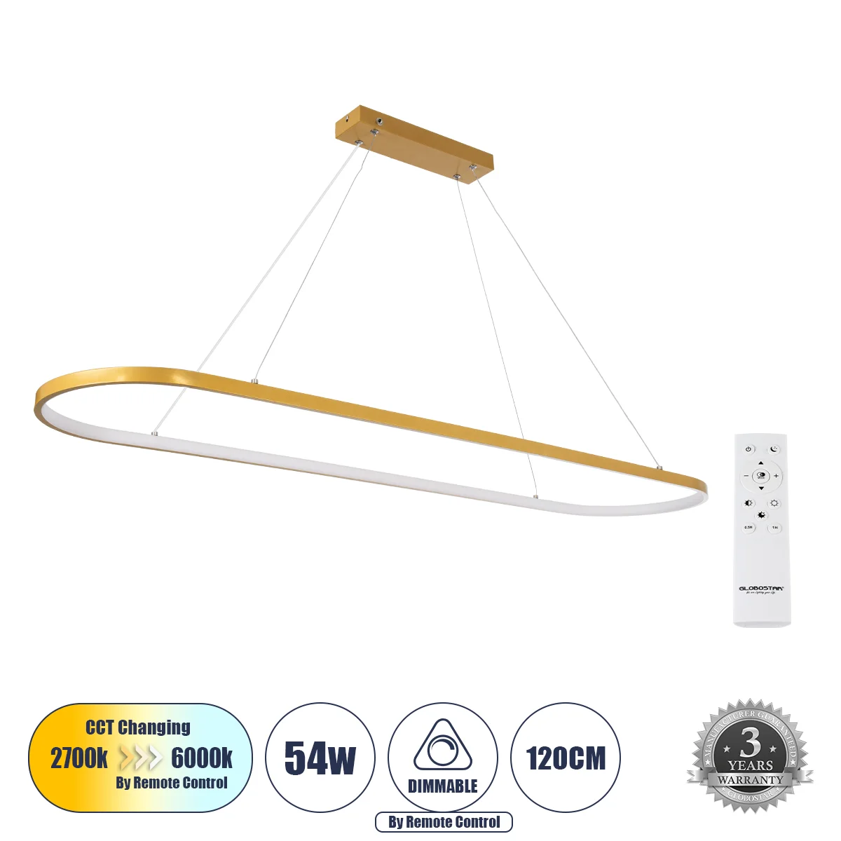 Φωτογραφία προϊόντος: GLOBOSTAR® BOLIVAR 61274 Μοντέρνο Κρεμαστό Φωτιστικό Οροφής LED 54W 6210lm 360° AC 220-240V IP20 Ρυθμιζόμενο Λευκό CCT με Χειριστήριο από 2700K έως 6000K Dimmable - Lumileds SMD Ch