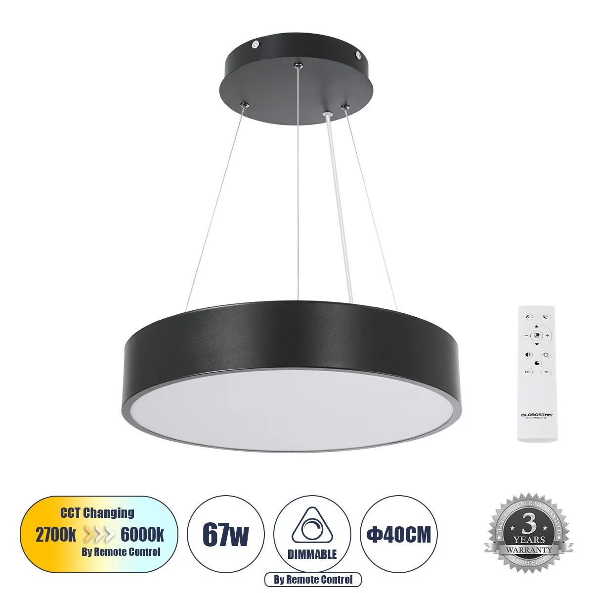 Φωτογραφία προϊόντος: GLOBOSTAR® BURTON 61200 Μοντέρνο Κρεμαστό Φωτιστικό Οροφής LED 67W 7370lm 120° AC 220-240V IP20 Ρυθμιζόμενο Λευκό CCT με Χειριστήριο από 2700K έως 6000K Dimmable - Lumileds SMD Chi