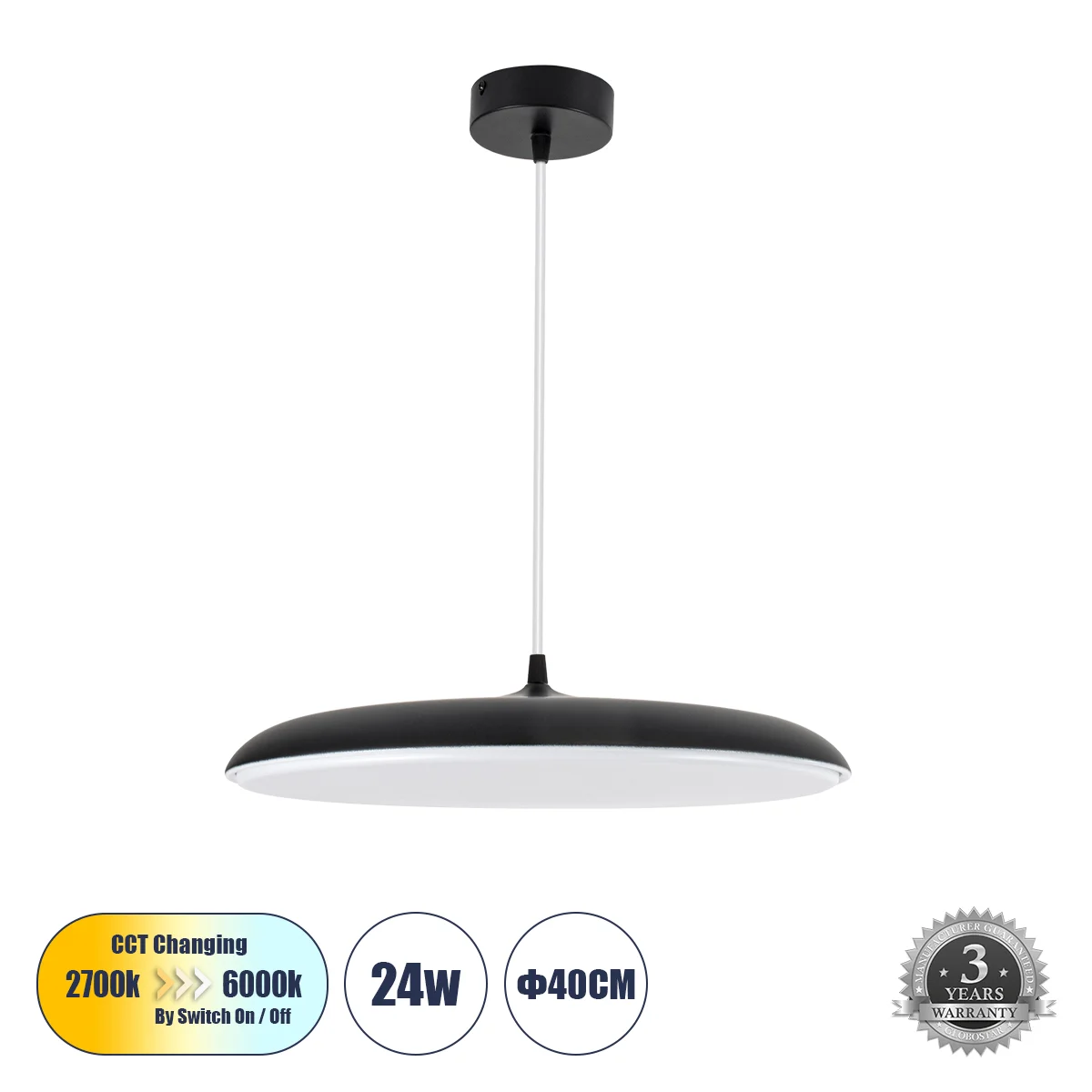 Φωτογραφία προϊόντος: GLOBOSTAR® BARON 61254 Μοντέρνο Κρεμαστό Φωτιστικό Οροφής LED 24W 2880lm 120° AC 220-240V IP20 Ρυθμιζόμενο Λευκό CCT με On/Off 2700K/4500K/6000K - Lumileds SMD Chip - Μαύρο Ματ - Μ