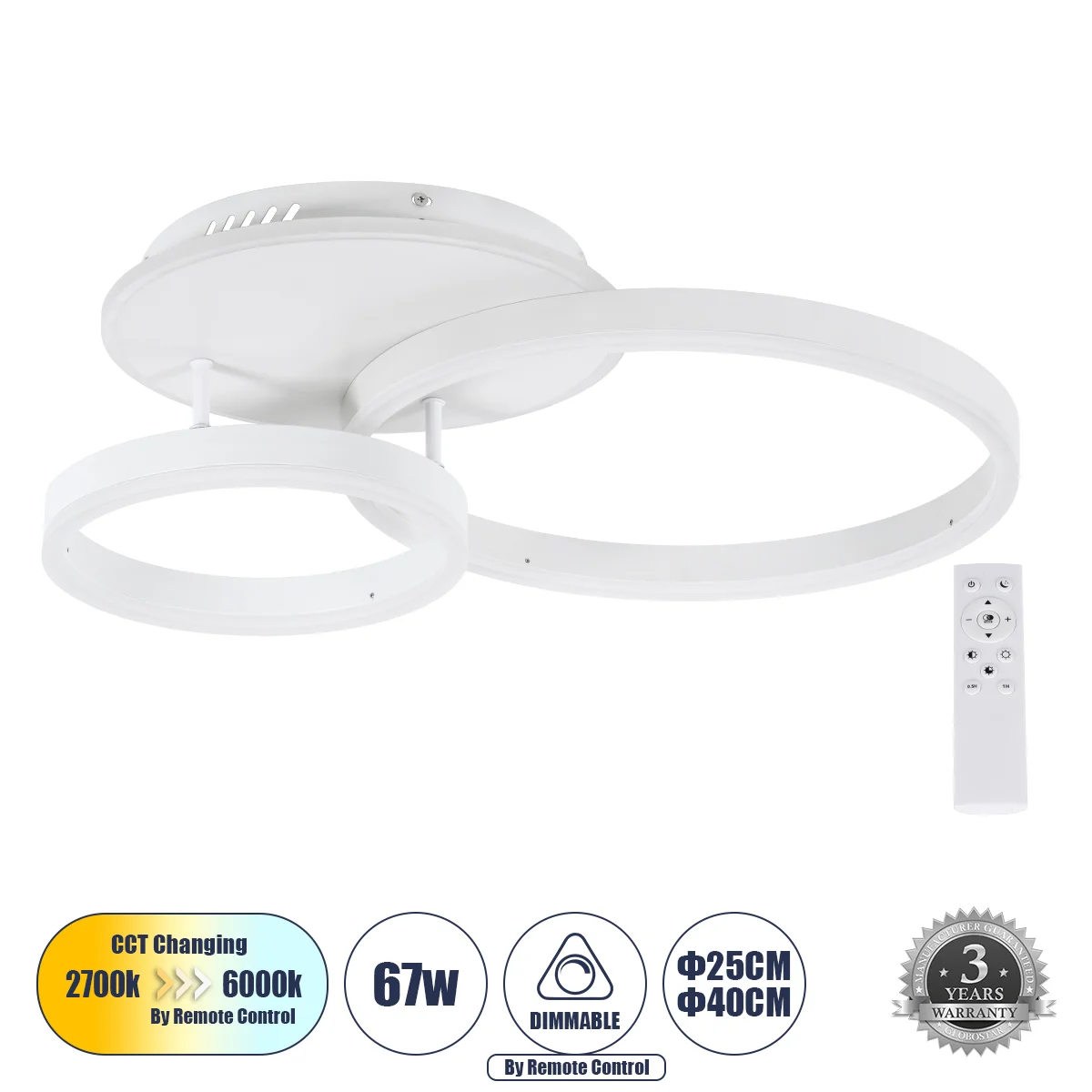 Φωτογραφία προϊόντος: GLOBOSTAR® VENOM 61121 Μοντέρνο Φωτιστικό Οροφής LED 67W 8107lm 360° AC 220-240V IP20 Ρυθμιζόμενο Λευκό CCT με Χειριστήριο από 2700K έως 6000K Dimmable - Lumileds SMD Chip - Λευκό
