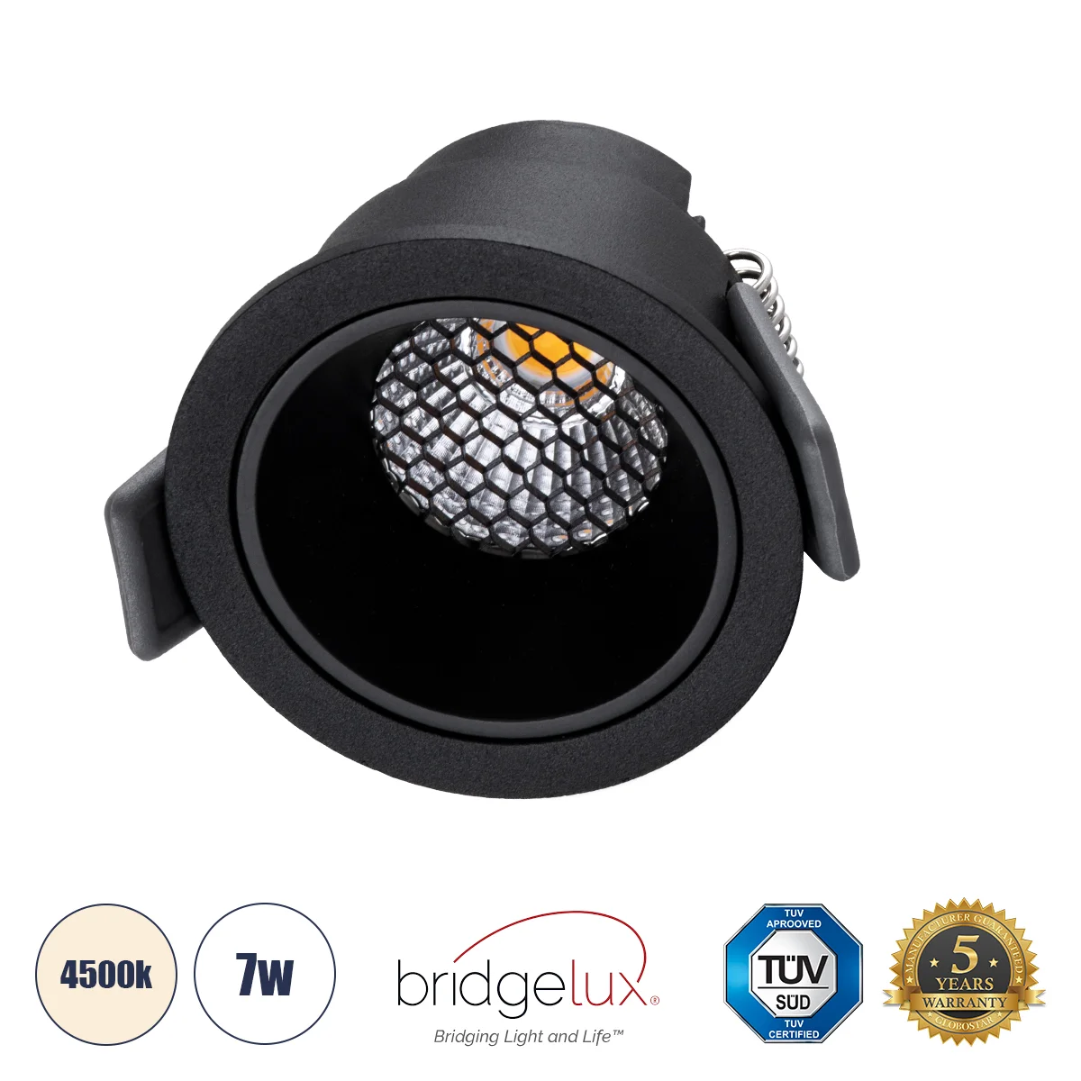 Φωτογραφία προϊόντος: GLOBOSTAR® PLUTO-S 60250 Χωνευτό Downlight Σποτ με Honeycomb Anti Glare Reflector LED 7W 910lm 38° AC 220-240V IP20 Φυσικό Λευκό 4500K - Bridgelux COB Chip & TÜV SÜD Driver - Μαύρο