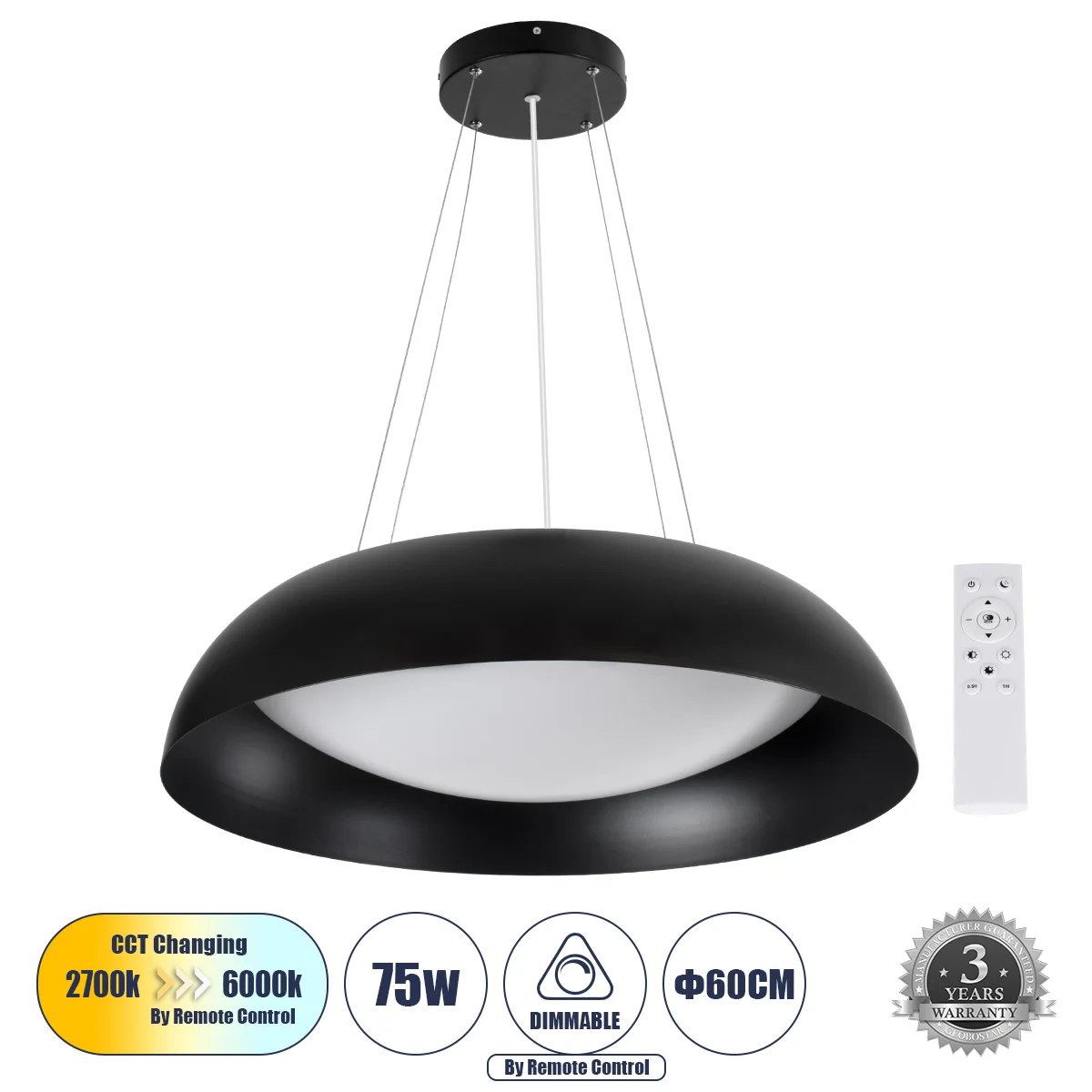 Φωτογραφία προϊόντος: GLOBOSTAR® ANATOLIA 61269 Μοντέρνο Κρεμαστό Φωτιστικό Οροφής LED 75W 8625lm 120° AC 220-240V IP20 Ρυθμιζόμενο Λευκό CCT με Χειριστήριο από 2700K έως 6000K Dimmable - Lumileds SMD C