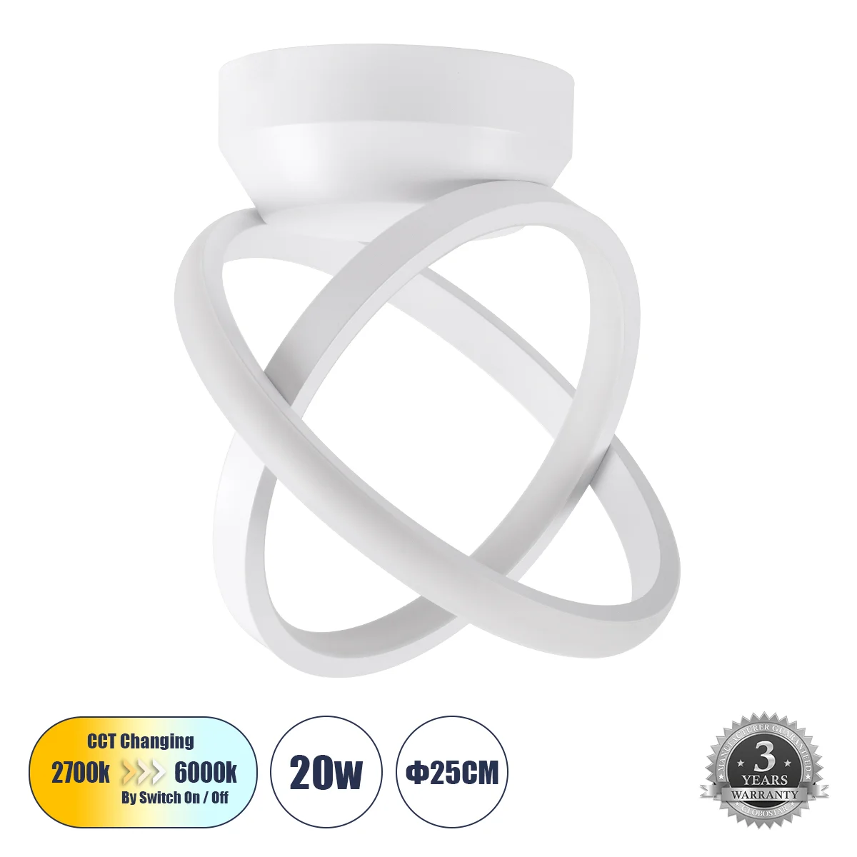 Φωτογραφία προϊόντος: GLOBOSTAR® AMELIA 61053 Μοντέρνο Φωτιστικό Οροφής LED 20W 2400lm 300° AC 220-240V IP20 Ρυθμιζόμενο Λευκό CCT με On/Off 2700K/4500K/6000K - Lumileds SMD Chip - Λευκό Ματ - Μ24.5 x Π