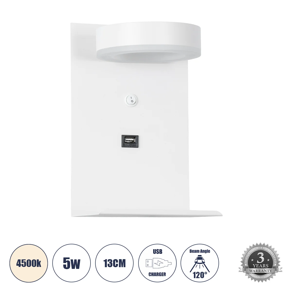 Φωτογραφία προϊόντος: GLOBOSTAR® CROWN 61371 Μοντέρνο Φωτιστικό Τοίχου - Απλίκα Ξενοδοχείου Reading Light με Φορτιστή USB 3A LED 5W 550lm 120° AC 220-240V IP20 Φυσικό Λευκό 4500K - Bridgelux COB Chip &