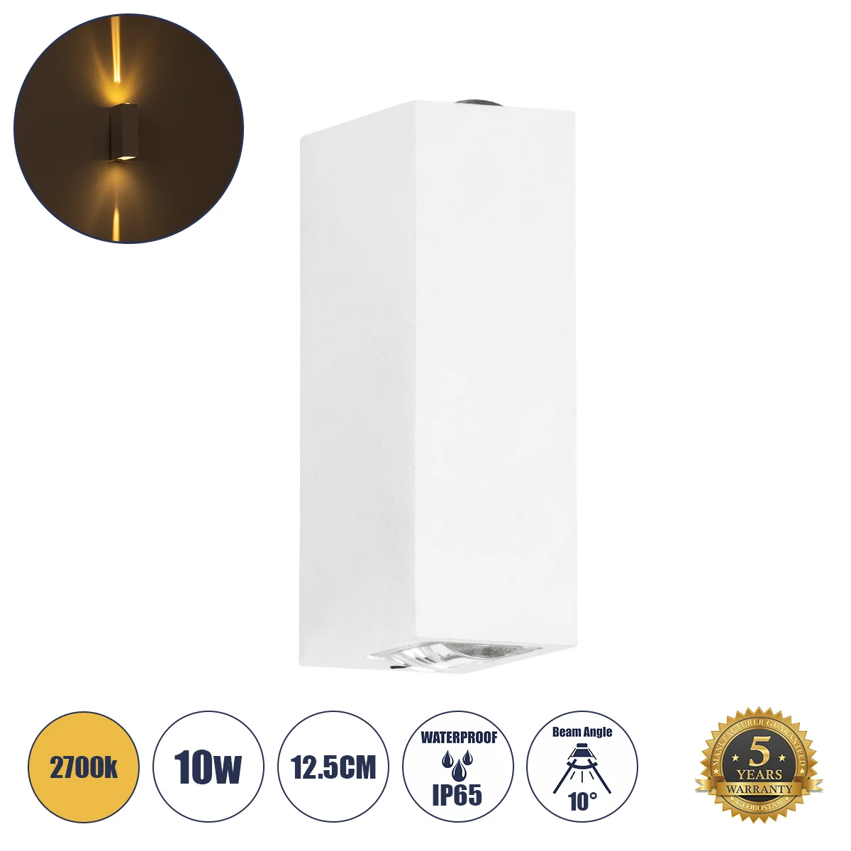 Φωτογραφία προϊόντος: GLOBOSTAR® LINOR 60527 Μοντέρνο Φωτιστικό Τοίχου - Απλίκα LED 10W 1000lm 10° AC 220-240V Αδιάβροχο IP65 Θερμό Λευκό 2700K - Bridgelux COB Chip & TÜV SÜD Driver - Λευκό Ματ - Μ12.5