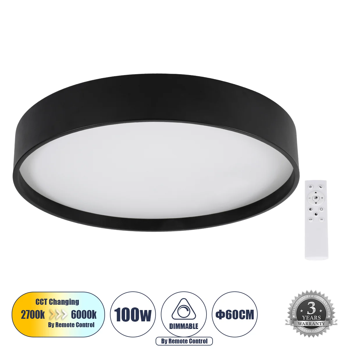 Φωτογραφία προϊόντος: GLOBOSTAR® NARNIA 61259 Μοντέρνο Φωτιστικό Οροφής LED 100W 11500lm 120° AC 220-240V IP20 Ρυθμιζόμενο Λευκό CCT με Χειριστήριο από 2700K έως 6000K Dimmable - Lumileds SMD Chip - Μαύ