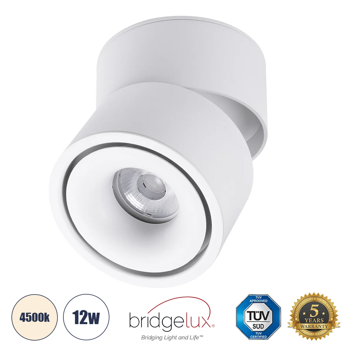 Φωτογραφία προϊόντος: GLOBOSTAR® OMEGA-S 60298 Κινούμενο Downlight Σποτ LED 12W 1560lm 36° AC 220-240V IP20 Φυσικό Λευκό 4500K - Bridgelux COB Chip & TÜV SÜD Driver - Λευκό Ματ - Μ10 x Π10 x Υ10.5cm - 5