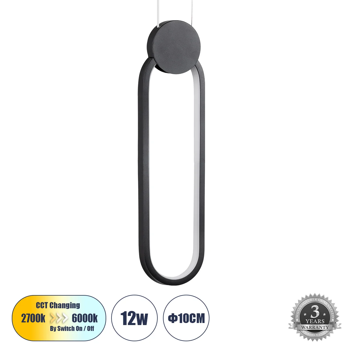 Φωτογραφία προϊόντος: GLOBOSTAR® ILDI 61088 Μοντέρνο Κρεμαστό Φωτιστικό Οροφής LED 12W 1200lm 300° AC 220-240V IP20 Ρυθμιζόμενο Λευκό CCT με On/Off 2700K/4500K/6000K - Lumileds SMD Chip - Μαύρο Ματ - Μ1