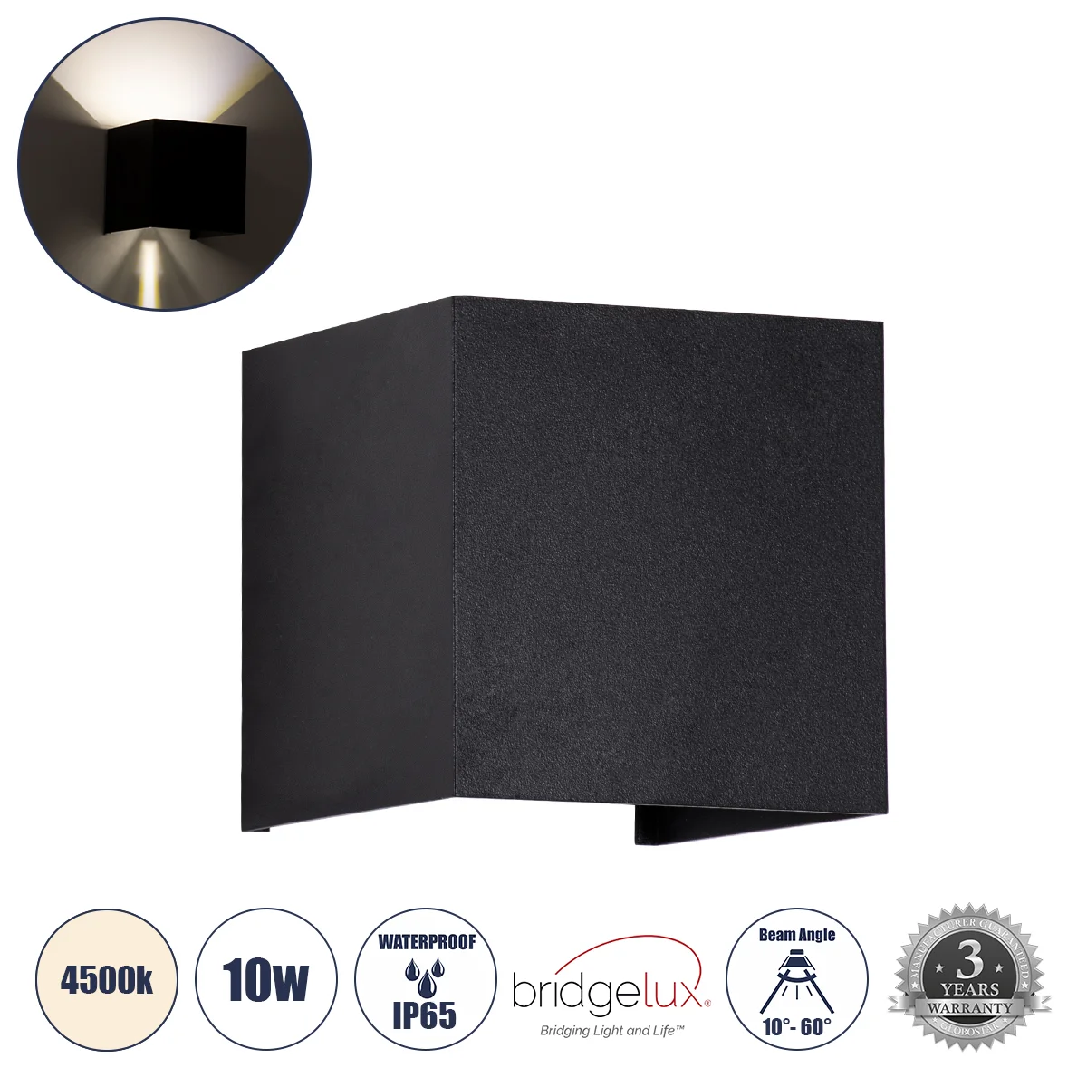 Φωτογραφία προϊόντος: GLOBOSTAR® AXIS-S 60565 Μοντέρνο Φωτιστικό Τοίχου - Απλίκα LED 10W 1200lm 5°/60° AC 220-240V Αδιάβροχο IP65 Φυσικό Λευκό 4500K - Bridgelux COB Chip & TÜV SÜD Driver - Μαύρο Ματ - Μ