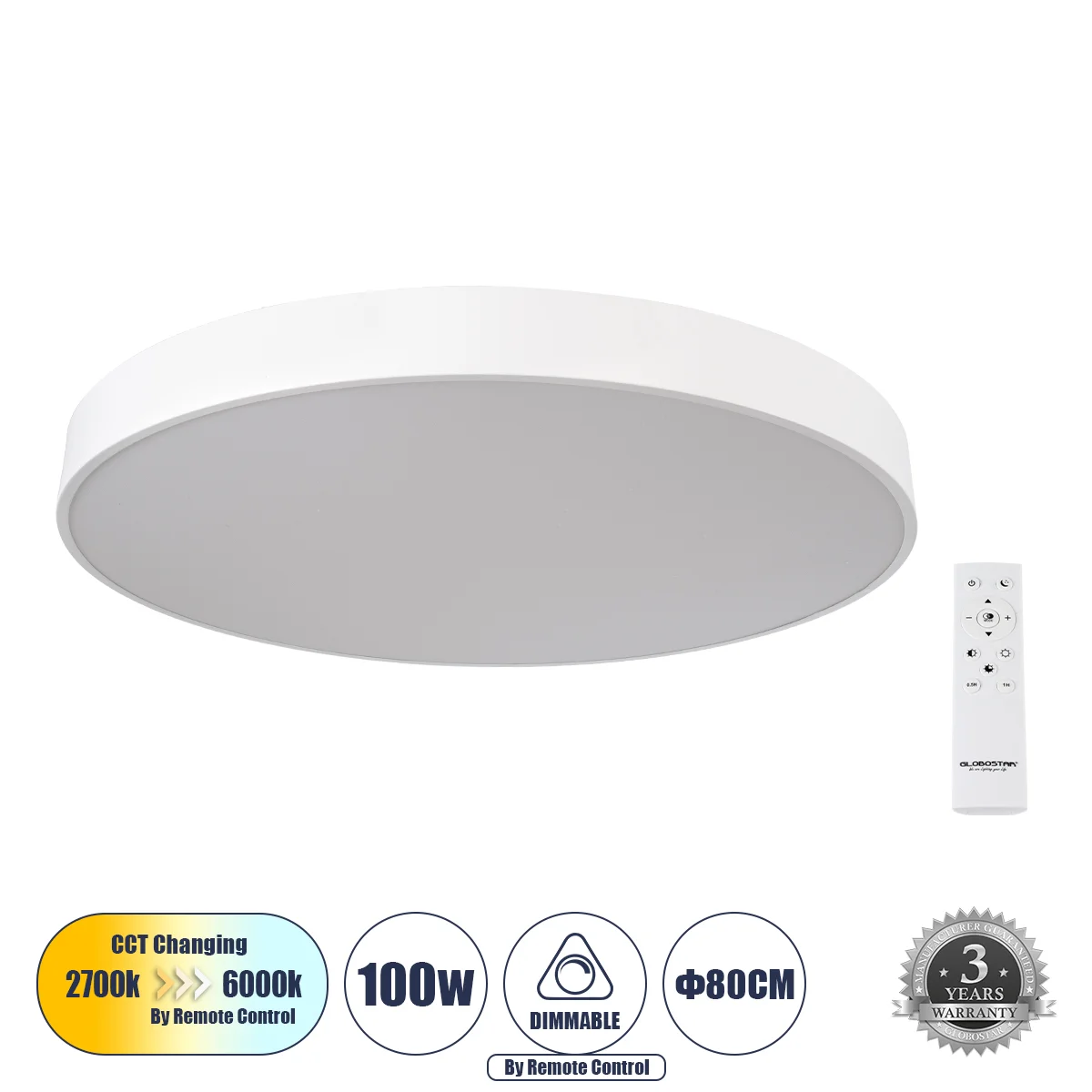 Φωτογραφία προϊόντος: GLOBOSTAR® BURTON 61205-S Μοντέρνο Φωτιστικό Οροφής LED 100W 10000lm 120° AC 220-240V IP20 Ρυθμιζόμενο Λευκό CCT με Χειριστήριο από 2700K έως 6000K Dimmable - Lumileds SMD Chip - Λ