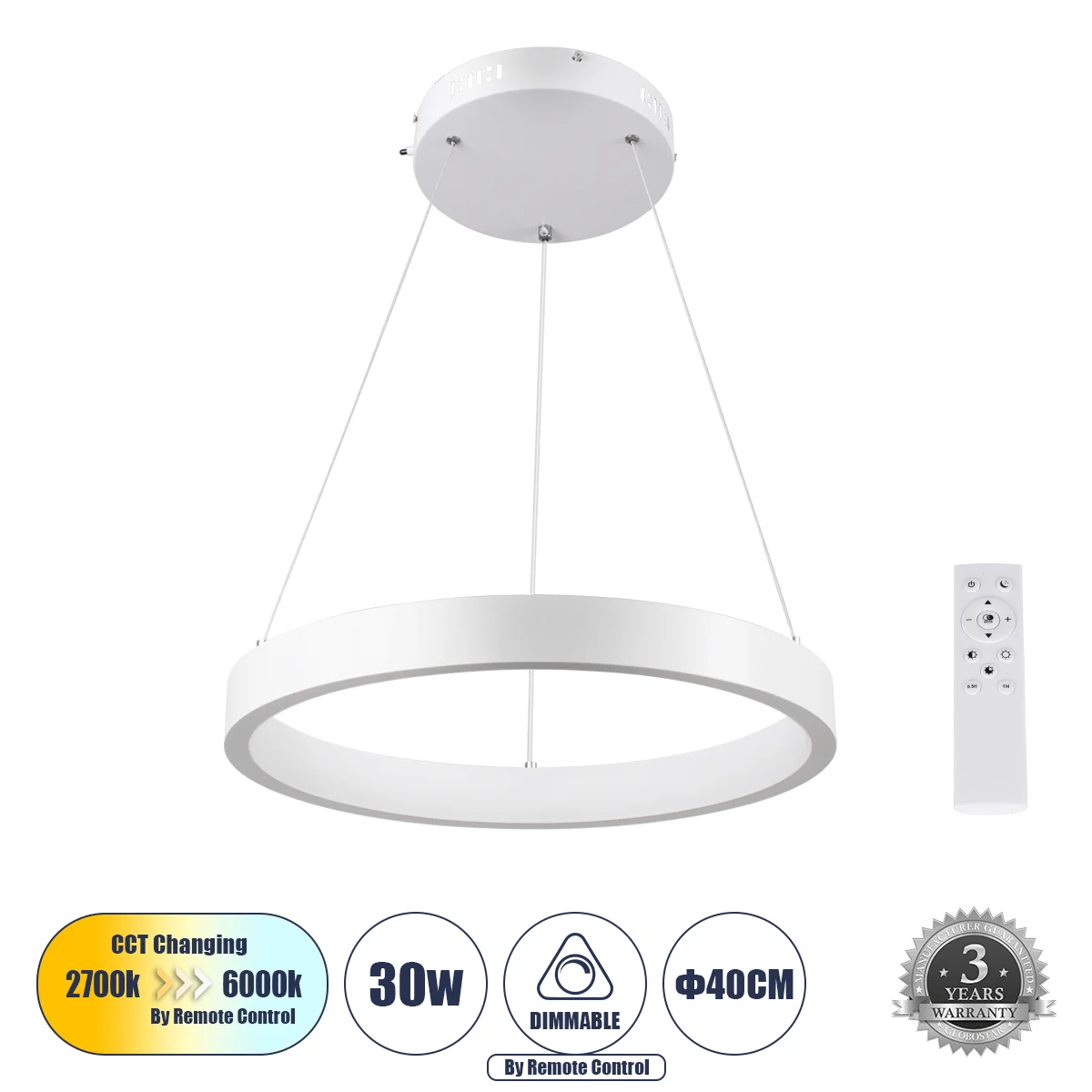 Φωτογραφία προϊόντος: GLOBOSTAR® NEMESIS 61156 Μοντέρνο Κρεμαστό Φωτιστικό Οροφής LED 30W 3513lm 360° AC 220-240V IP20 Ρυθμιζόμενο Λευκό CCT με Χειριστήριο από 2700K έως 6000K Dimmable - Lumileds SMD Ch