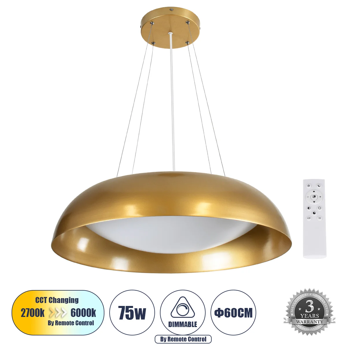Φωτογραφία προϊόντος: GLOBOSTAR® ANATOLIA 61270 Μοντέρνο Κρεμαστό Φωτιστικό Οροφής LED 75W 8625lm 120° AC 220-240V IP20 Ρυθμιζόμενο Λευκό CCT με Χειριστήριο από 2700K έως 6000K Dimmable - Lumileds SMD C