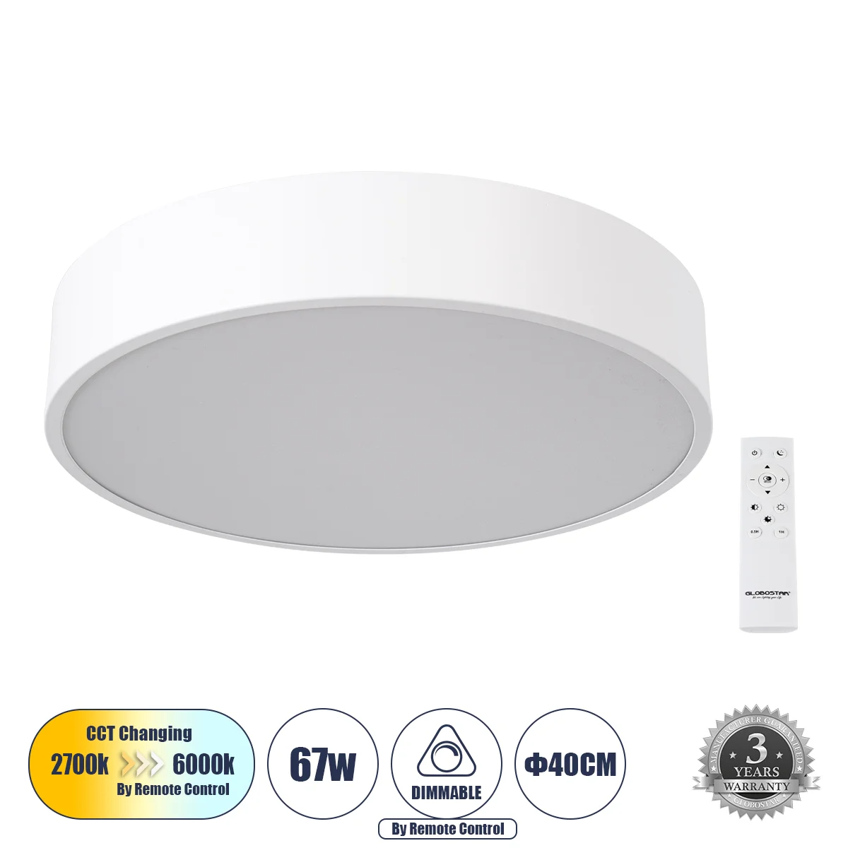 Φωτογραφία προϊόντος: GLOBOSTAR® BURTON 61201-S Μοντέρνο Φωτιστικό Οροφής LED 67W 7370lm 120° AC 220-240V IP20 Ρυθμιζόμενο Λευκό CCT με Χειριστήριο από 2700K έως 6000K Dimmable - Lumileds SMD Chip - Λευ