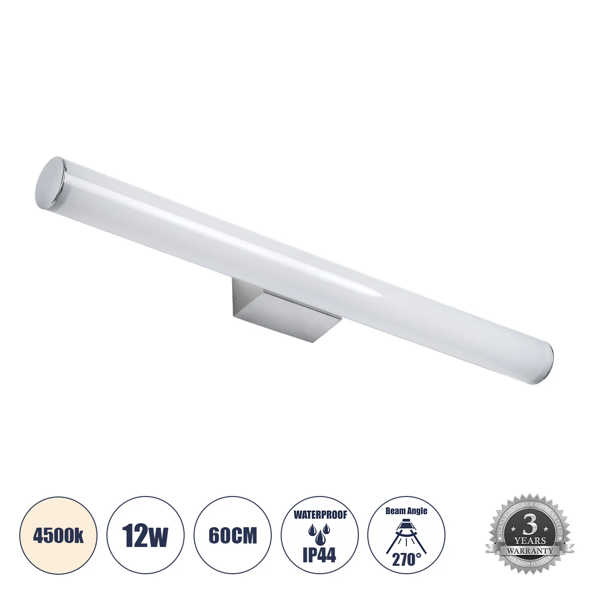 Φωτογραφία προϊόντος: GLOBOSTAR® MABEL 60430 Μοντέρνο Φωτιστικό Τοίχου - Απλίκα Καθρέπτη Μπάνιου LED 12W 1400lm 240° AC 220-240V IP44 Φυσικό Λευκό 4500K - Lumileds SMD Chip & TÜV SÜD Driver - Νίκελ Χρώμ
