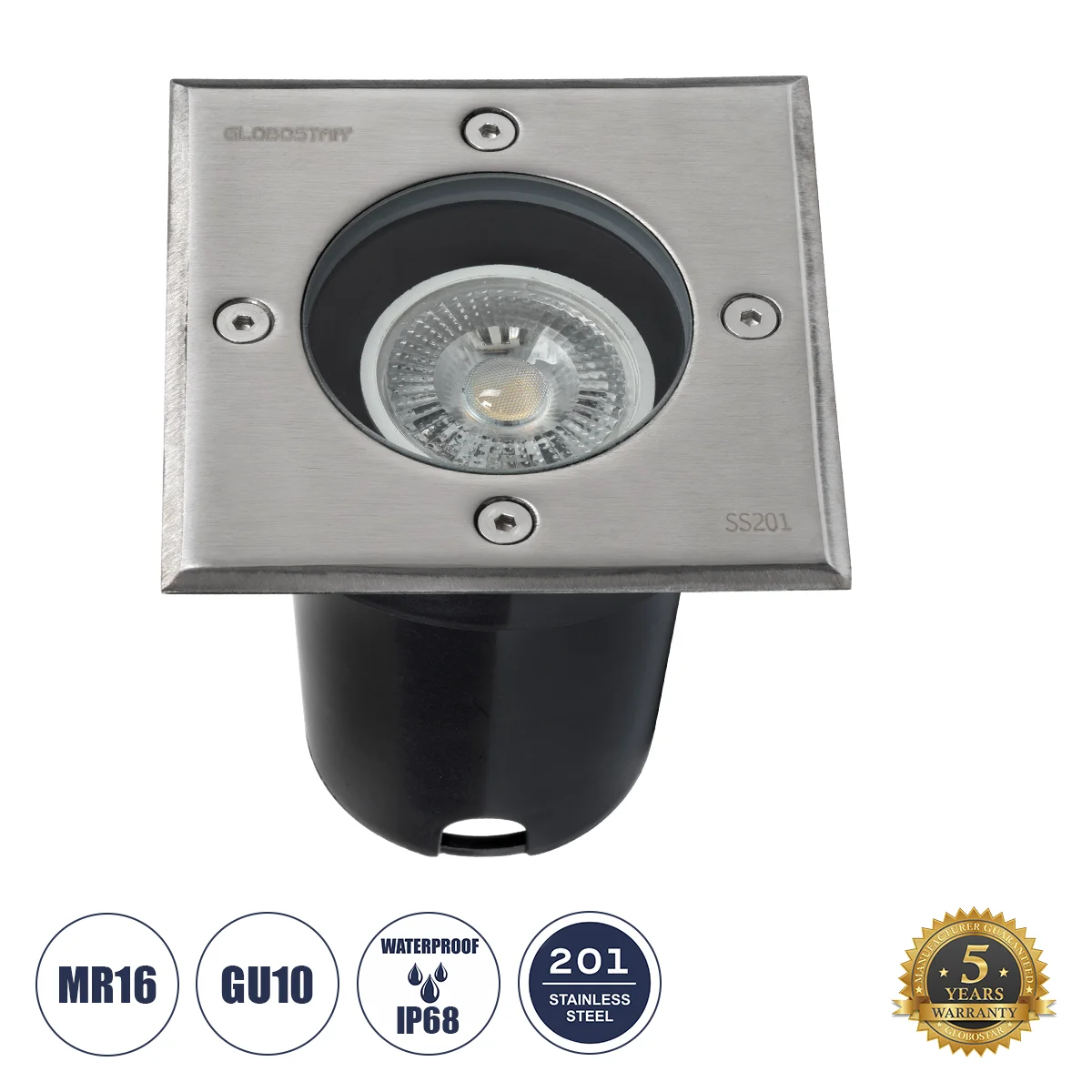 Φωτογραφία προϊόντος: GLOBOSTAR® GIGO 60362 Χωνευτό Φωτιστικό Δαπέδου Σποτ για Λάμπα MR16 με Ντουί 1 x GU10 AC 220-240V Αδιάβροχο IP68 IK09 - Ανοξείδωτο Ατσάλι SS201 - Μ11 x Π11 x Υ11.5cm / Q10.4 x 10.4