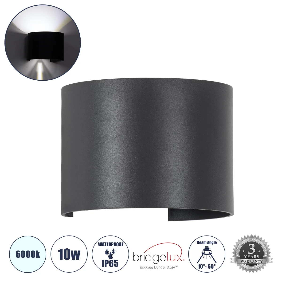 Φωτογραφία προϊόντος: GLOBOSTAR® AXIS-R 60642 Μοντέρνο Φωτιστικό Τοίχου - Απλίκα LED 10W 1250lm 5°/60° AC 220-240V Αδιάβροχο IP65 Ψυχρό Λευκό 6000K - Bridgelux COB Chip & TÜV SÜD Driver - Γκρι Ανθρακί Μ