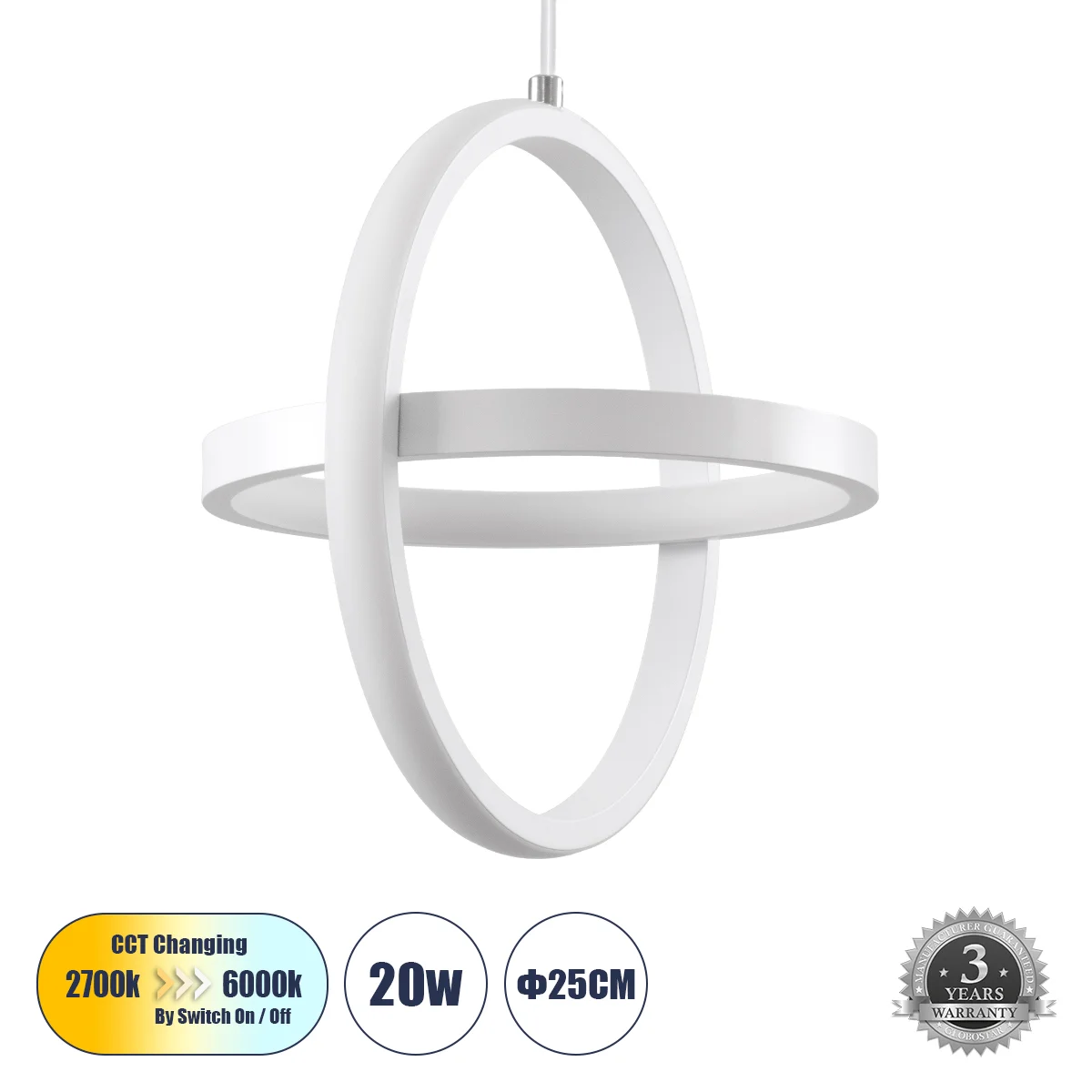 Φωτογραφία προϊόντος: GLOBOSTAR® ALICE 61056 Μοντέρνο Κρεμαστό Φωτιστικό Οροφής LED 20W 2400lm 300° AC 220-240V IP20 Ρυθμιζόμενο Λευκό CCT με On/Off 2700K/4500K/6000K - Lumileds SMD Chip - Λευκό Ματ - Μ