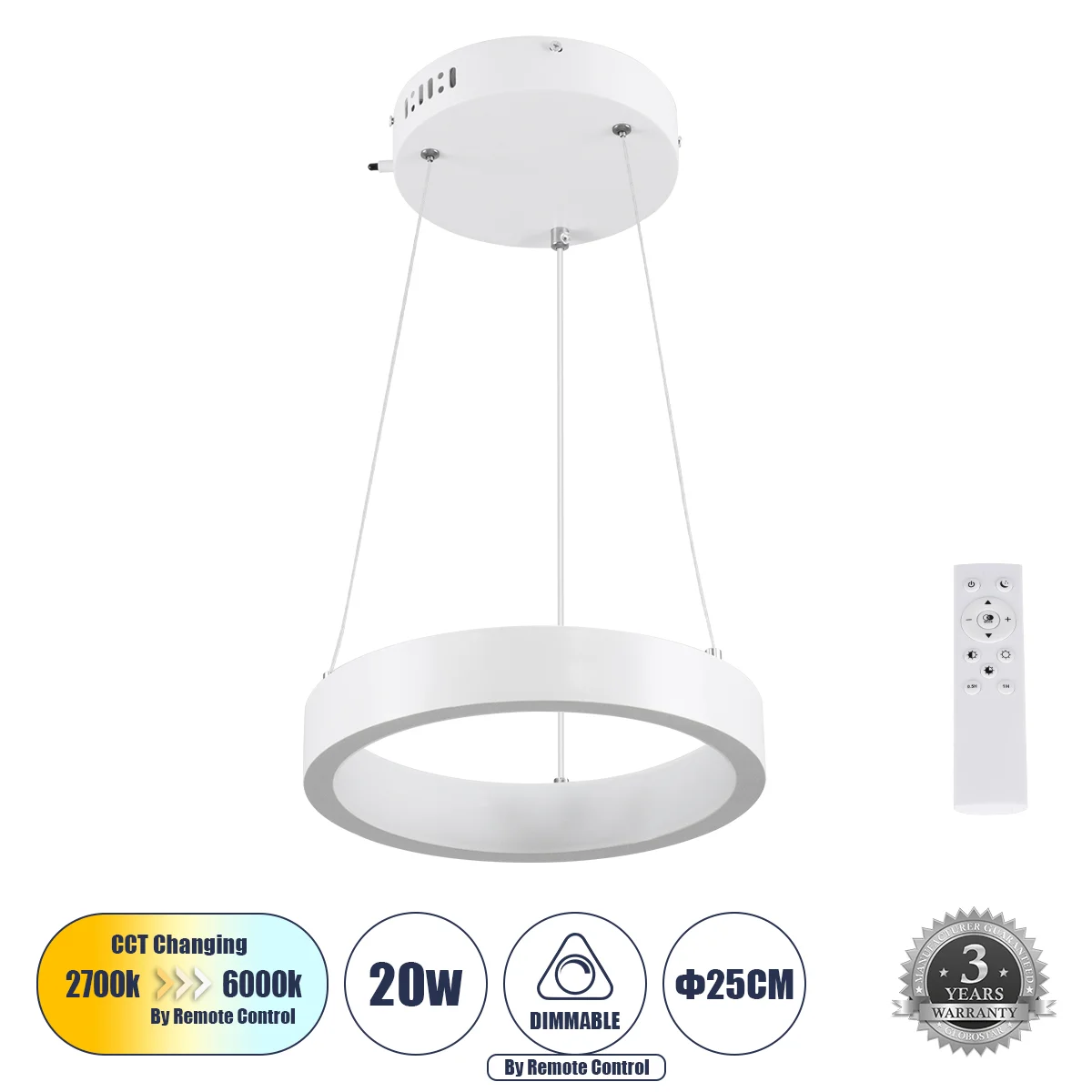 Φωτογραφία προϊόντος: GLOBOSTAR® NEMESIS 61153 Μοντέρνο Κρεμαστό Φωτιστικό Οροφής LED 20W 2356lm 360° AC 220-240V IP20 Ρυθμιζόμενο Λευκό CCT με Χειριστήριο από 2700K έως 6000K Dimmable - Lumileds SMD Ch