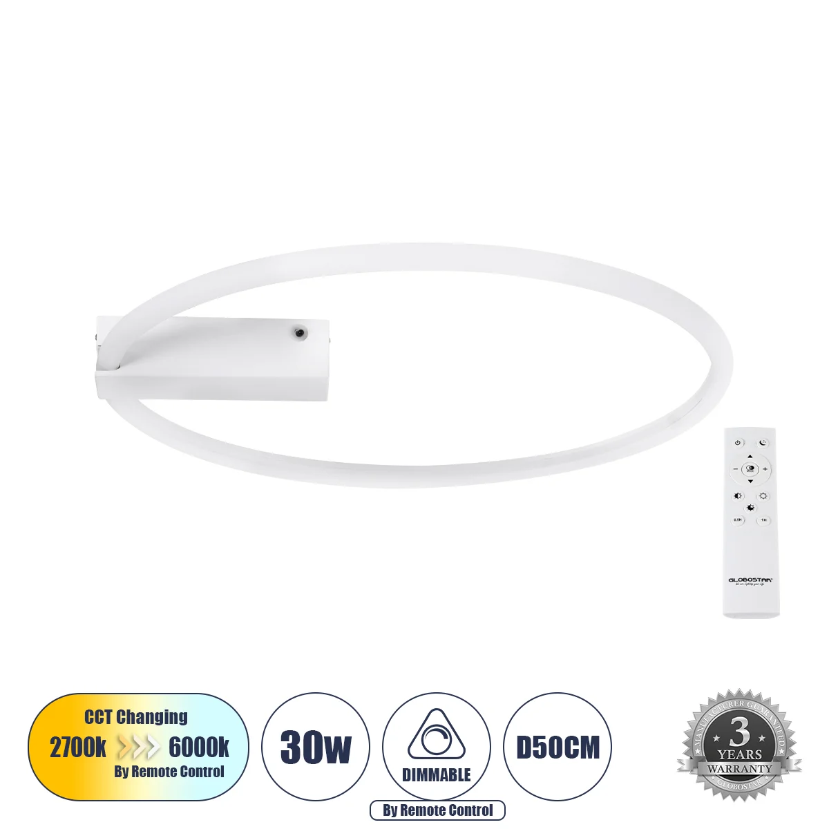 Φωτογραφία προϊόντος: GLOBOSTAR® CINDERELLA 60981 Μοντέρνο Φωτιστικό Οροφής LED 30W 3360lm 360° AC 220-240V IP20 Ρυθμιζόμενο Λευκό CCT με Χειριστήριο από 2700K έως 6000K Dimmable - Lumileds SMD Chip - Λ