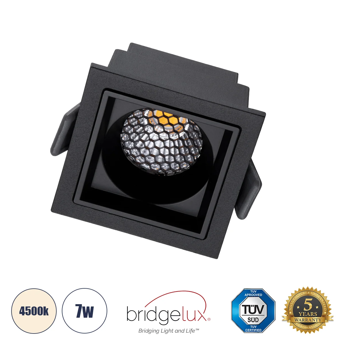Φωτογραφία προϊόντος: GLOBOSTAR® PLUTO-S 60268 Χωνευτό Downlight Σποτ με Honeycomb Anti Glare Reflector LED 7W 910lm 38° AC 220-240V IP20 Φυσικό Λευκό 4500K - Bridgelux COB Chip & TÜV SÜD Driver - Μαύρο