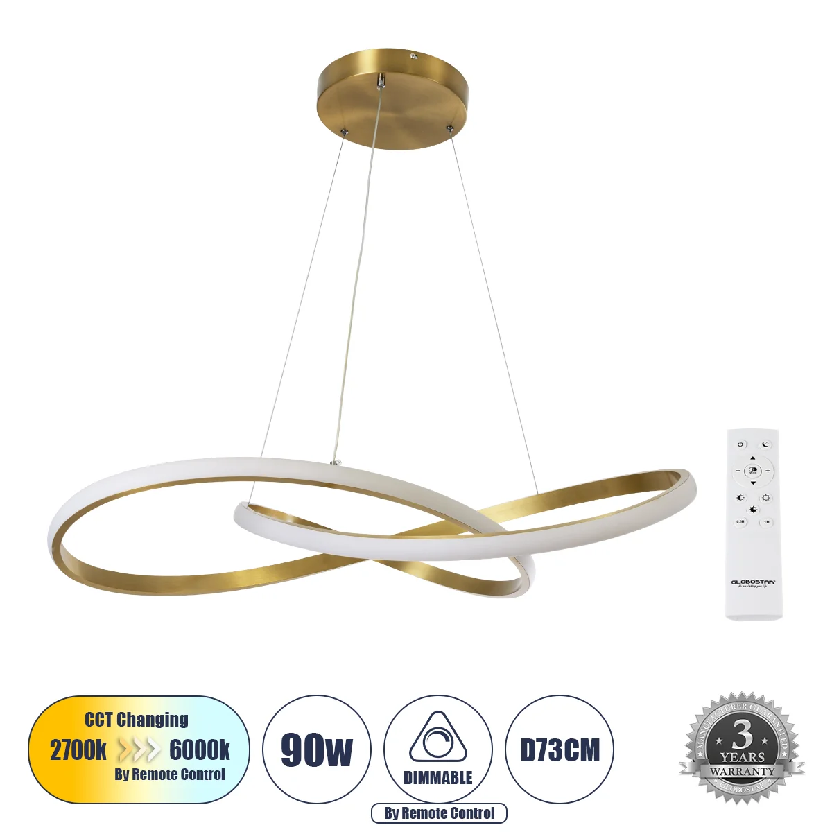 Φωτογραφία προϊόντος: GLOBOSTAR® DEXTER 60916 Μοντέρνο Κρεμαστό Φωτιστικό Οροφής LED 90W 10080lm 300° AC 220-240V IP20 Ρυθμιζόμενο Λευκό CCT με Χειριστήριο από 2700K έως 6000K Dimmable - Lumileds SMD Ch
