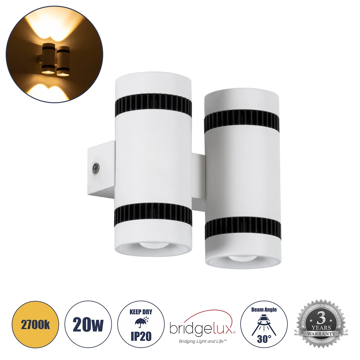 Φωτογραφία προϊόντος: GLOBOSTAR® CANNONAL 60578 Μοντέρνο Φωτιστικό Τοίχου - Απλίκα LED 20W 2300lm 30° AC 220-240V IP20 Θερμό Λευκό 2700K - Bridgelux COB Chip & TÜV SÜD Driver - Μαύρο Ματ & Λευκό Ματ - Μ