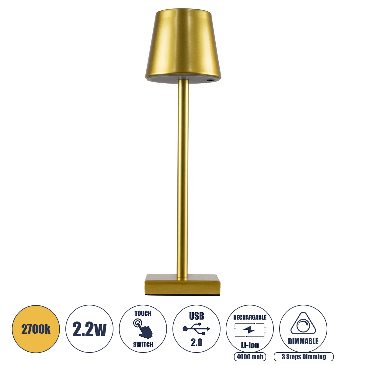 Φωτογραφία προϊόντος: GLOBOSTAR® NEGA 60475 Μοντέρνο Επιτραπέζιο Φωτιστικό LED 2.2W 154lm 360° DC 5V με USB με Επαναφορτιζόμενη Μπαταρία Li-ion 3.7V 4000mAh IP20 Θερμό Λευκό 2700K με Αφή Dimmable - Lumi
