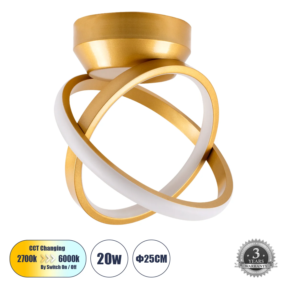 Φωτογραφία προϊόντος: GLOBOSTAR® AMELIA 61054 Μοντέρνο Φωτιστικό Οροφής LED 20W 2400lm 300° AC 220-240V IP20 Ρυθμιζόμενο Λευκό CCT με On/Off 2700K/4500K/6000K - Lumileds SMD Chip - Χρυσό Βούρτσας - Μ24.